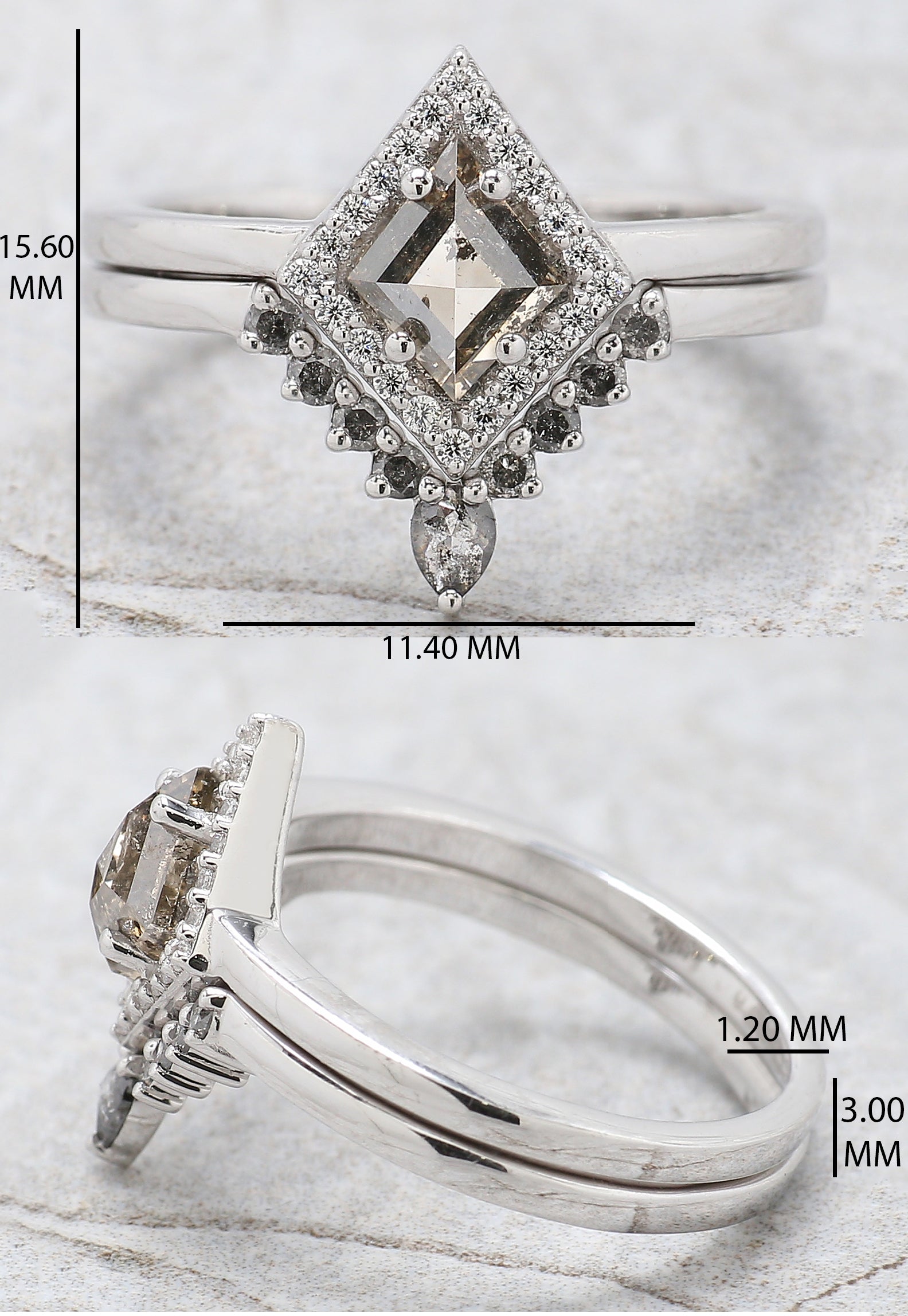 Kite Cut Salt And Pepper Diamond Ring 0.84 Ct 7.11 MM Kite Diamond Ring 14K Solid White Gold Silver Kite Engagement Ring Gift For Her QL2602