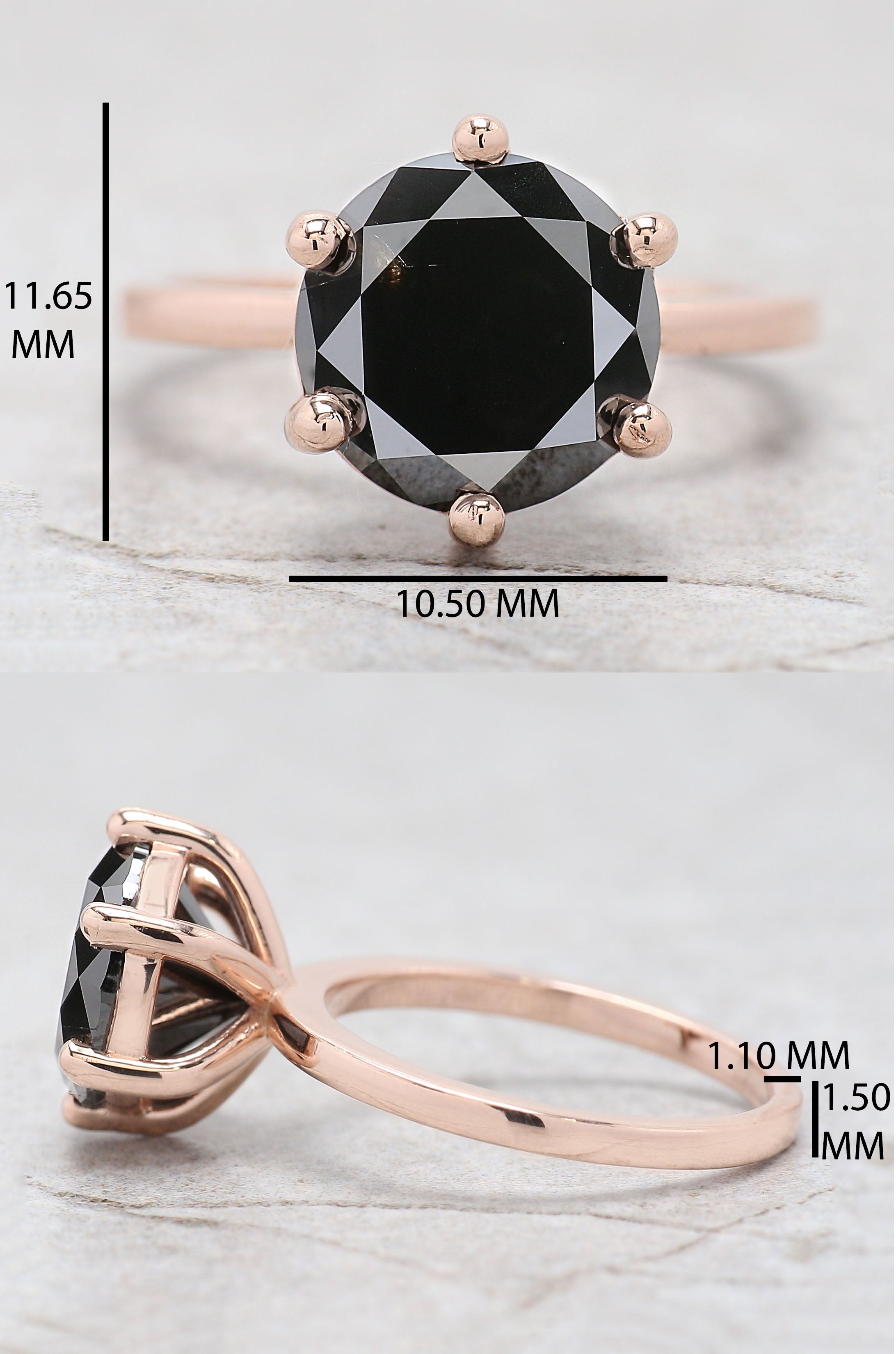 Round Shape Black Color Diamond Ring 4.23 Ct 9.67 MM Round Cut Diamond Ring 14K Solid Rose Gold Silver Engagement Ring Gift For Her QL9505