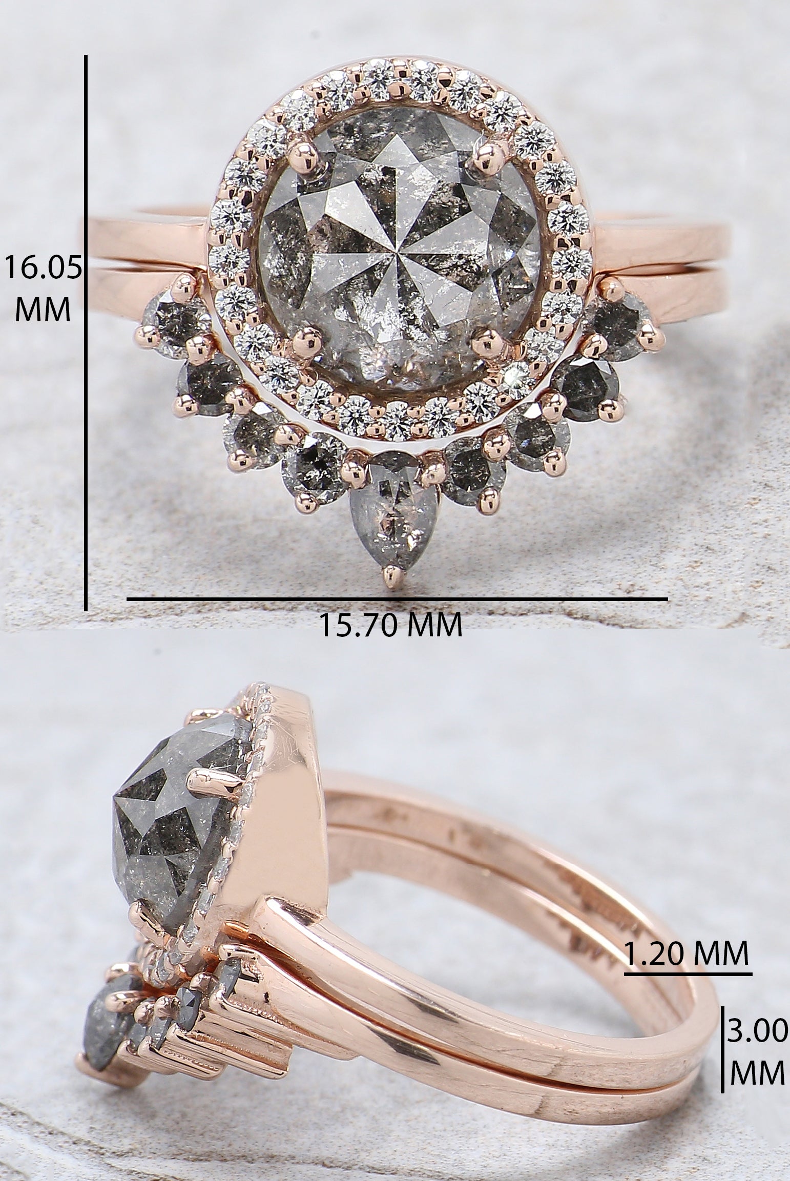 Round Rose Cut Salt And Pepper Diamond Ring 2.77 Ct 8.40 MM Round Diamond Ring 14K Rose Gold Silver Engagement Ring Gift For Her QL9731