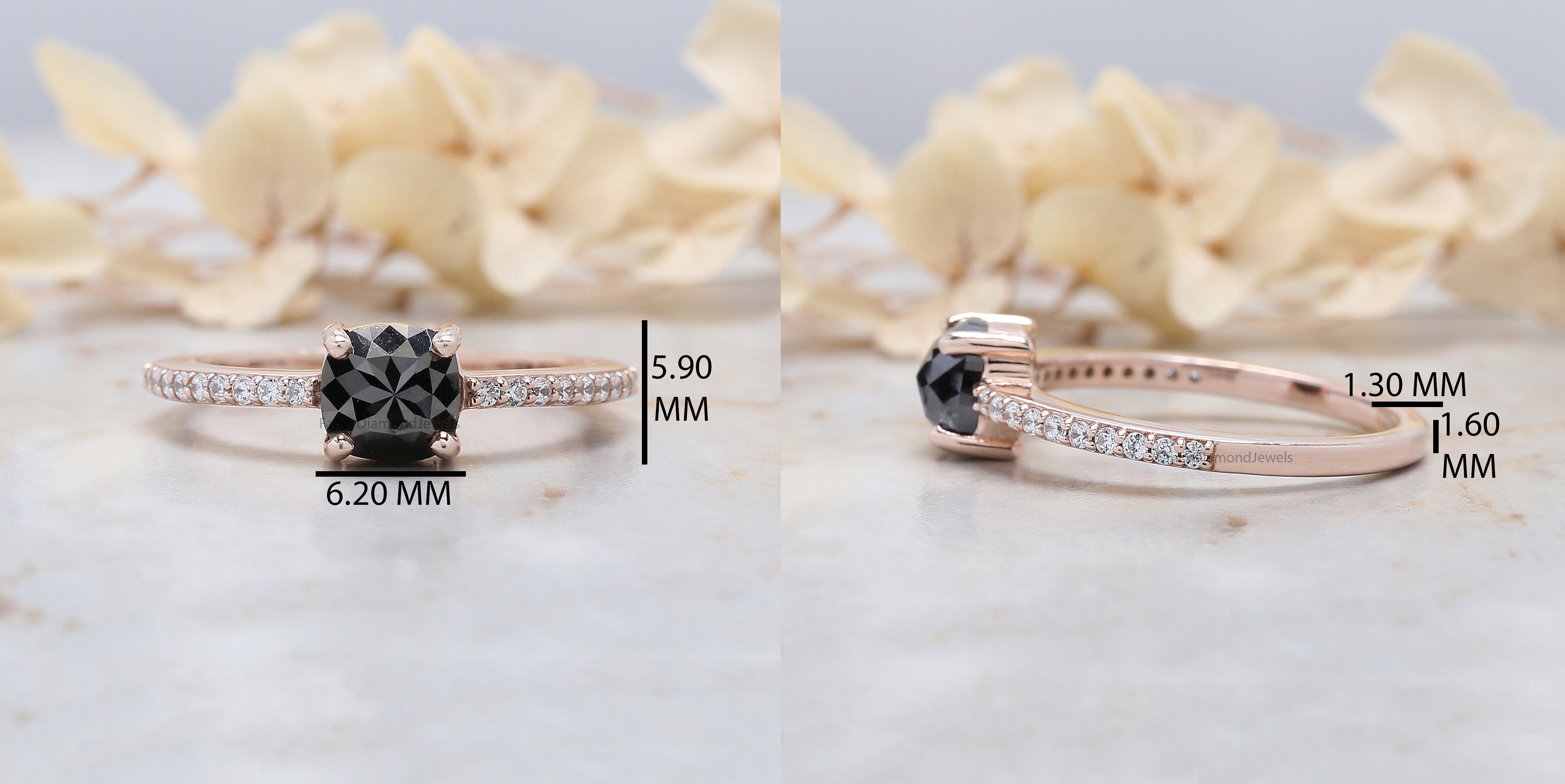 Cushion Black Color Diamond Ring 1.07 Ct 5.90 MM Cushion Shape Diamond Ring 14K Solid Rose Gold Silver Engagement Ring Gift For Her QN2524