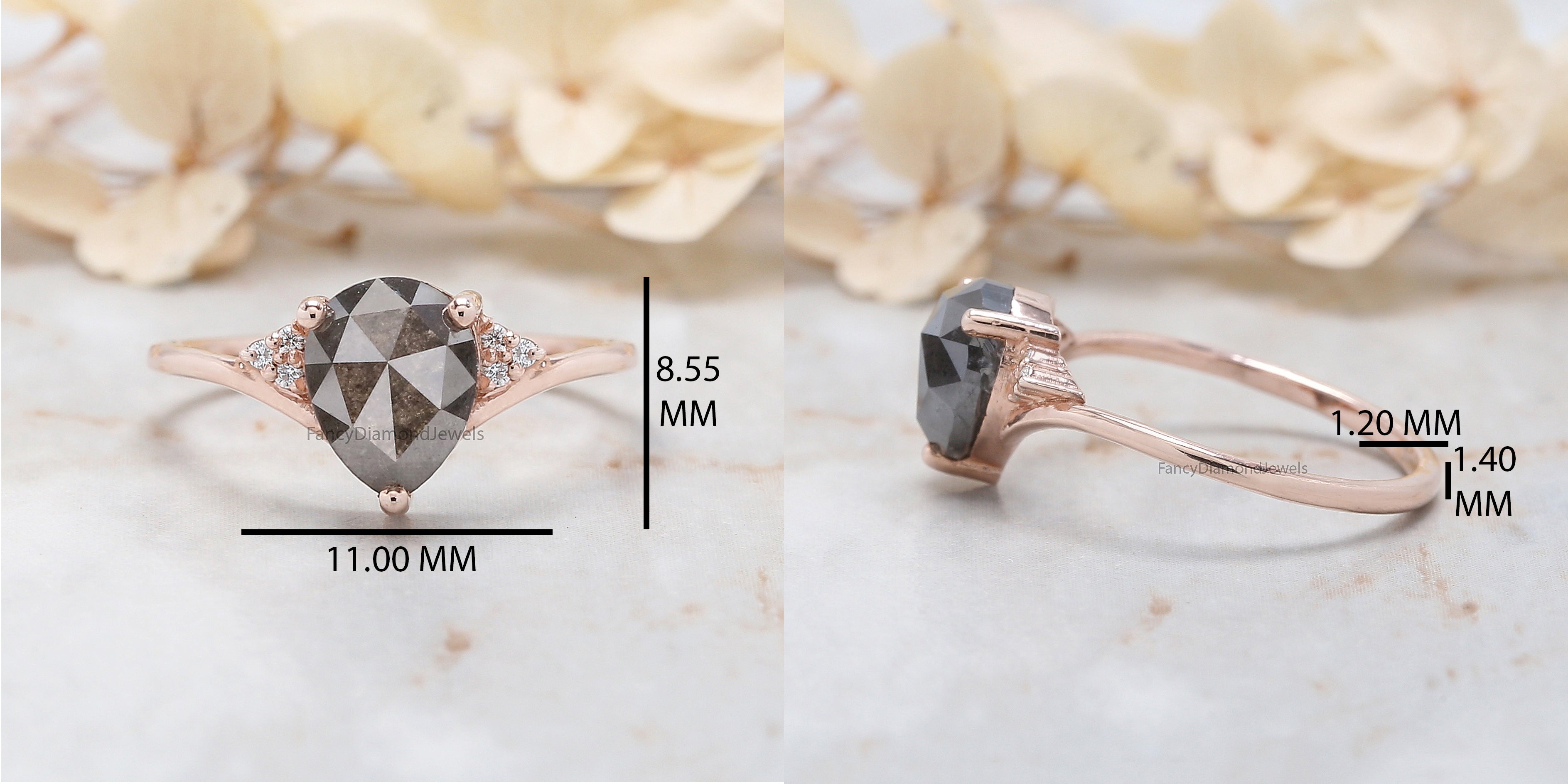Pear Cut Salt And Pepper Diamond Ring 1.53 Ct 7.90 MM Pear Diamond Ring 14K Solid Rose Gold Silver Pear Engagement Ring Gift For Her QL8270