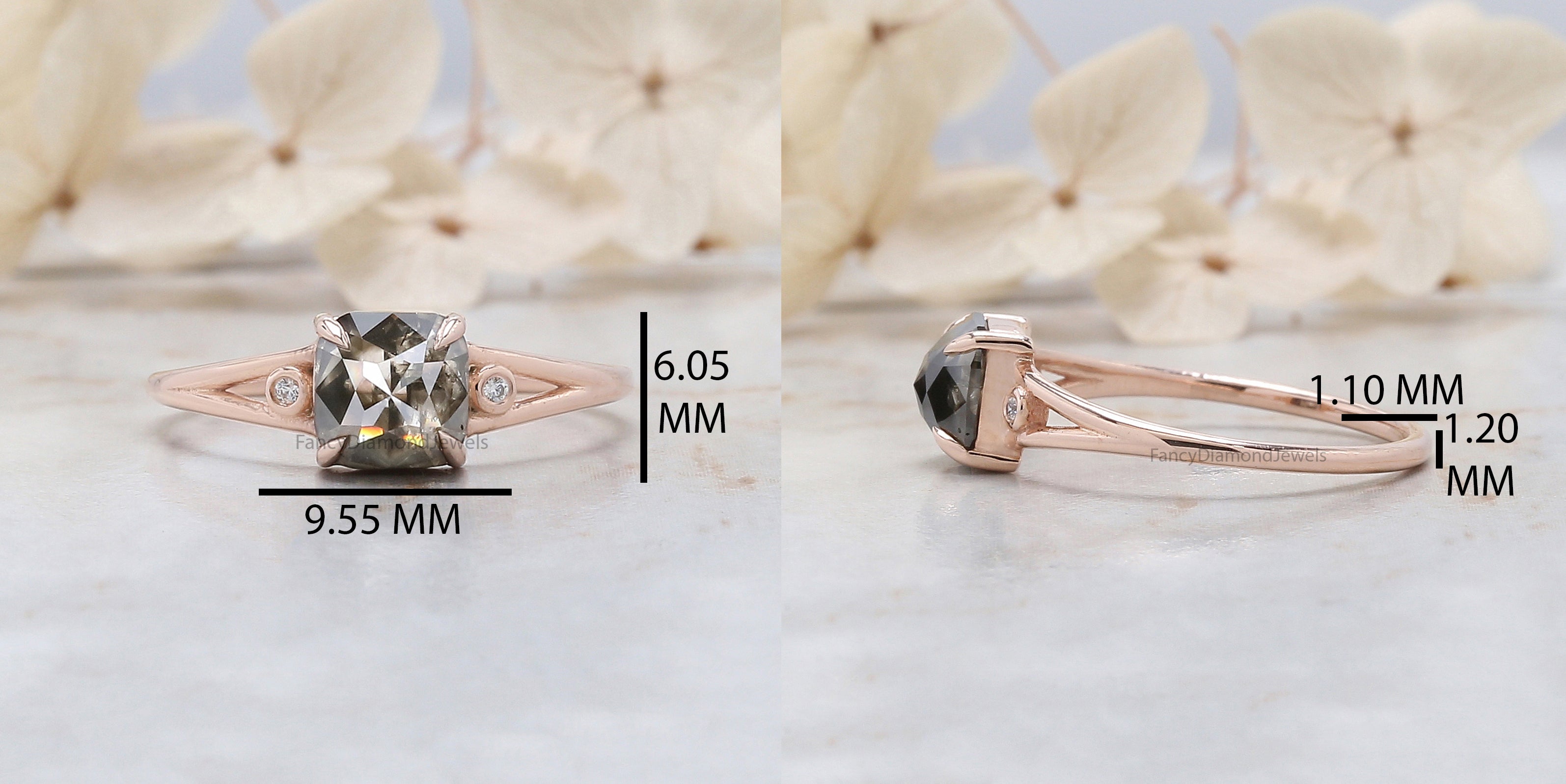 Cushion Cut Salt And Pepper Diamond Ring 1.10 Ct 6.00 MM Cushion Diamond Ring 14K Solid Rose Gold Silver Engagement Ring Gift For Her QL392