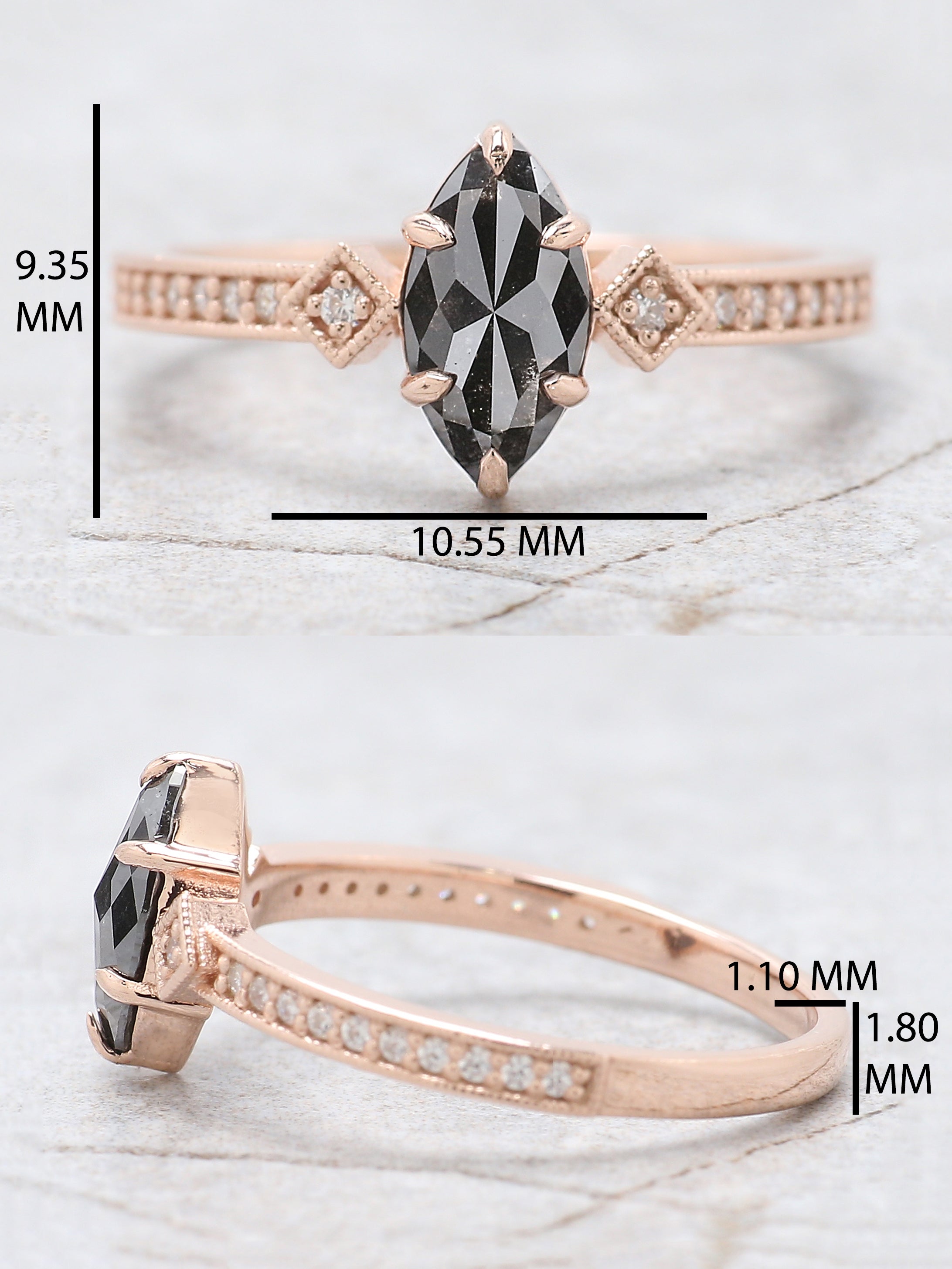 0.78 Ct Natural Marquise Salt And Pepper Diamond Ring 9.09 MM Marquise Diamond Cut Ring 14K Solid Rose Gold Silver Engagement Ring QN2395