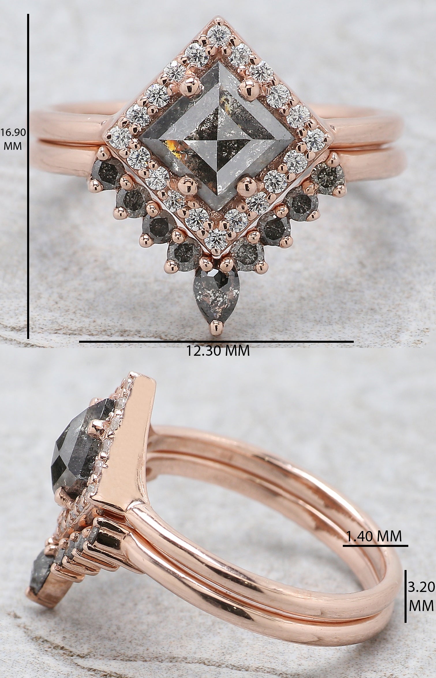 Kite Cut Salt And Pepper Diamond Ring 0.88 Ct 7.79 MM Kite Diamond Ring 14K Solid Rose Gold Silver Kite Engagement Ring Gift For Her QL2107