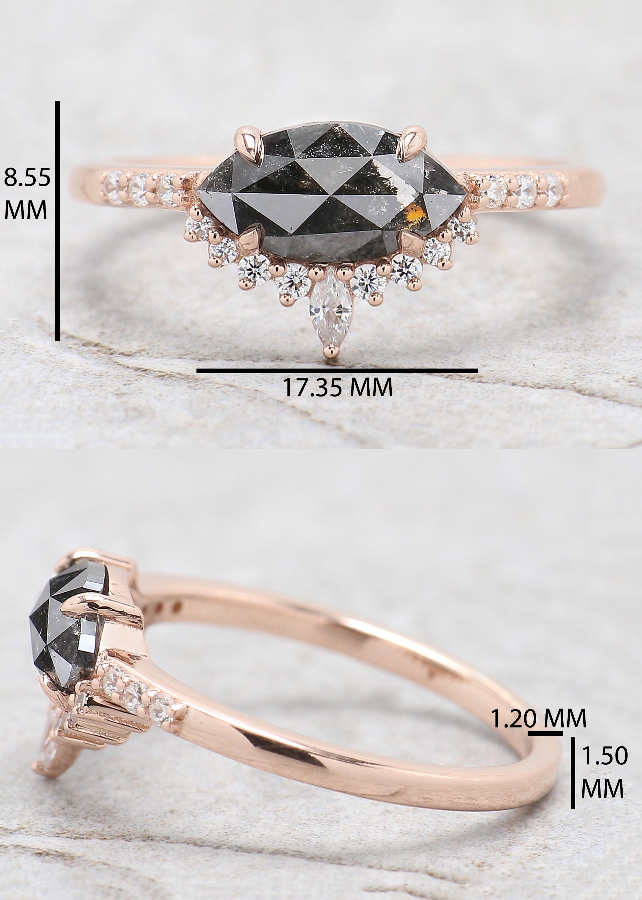 Marquise Cut Salt And Pepper Diamond Ring 1.08 Ct 9.70 MM Marquise Diamond Ring 14K Solid Rose Gold Engagement Ring Gift For Her QL1200