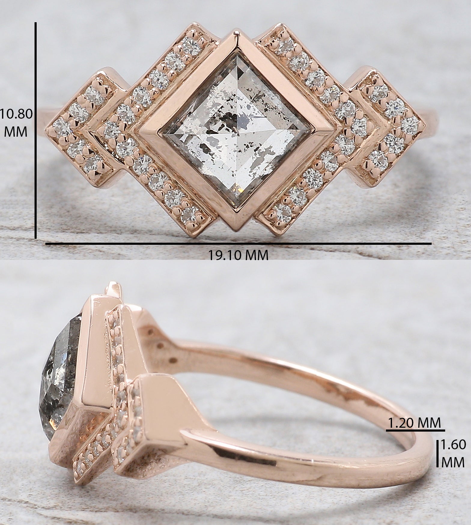 Kite Cut Salt And Pepper Diamond Ring 0.96 Ct 7.75 MM Kite Diamond Ring 14K Solid Rose Gold Silver Kite Engagement Ring Gift For Her QL2757