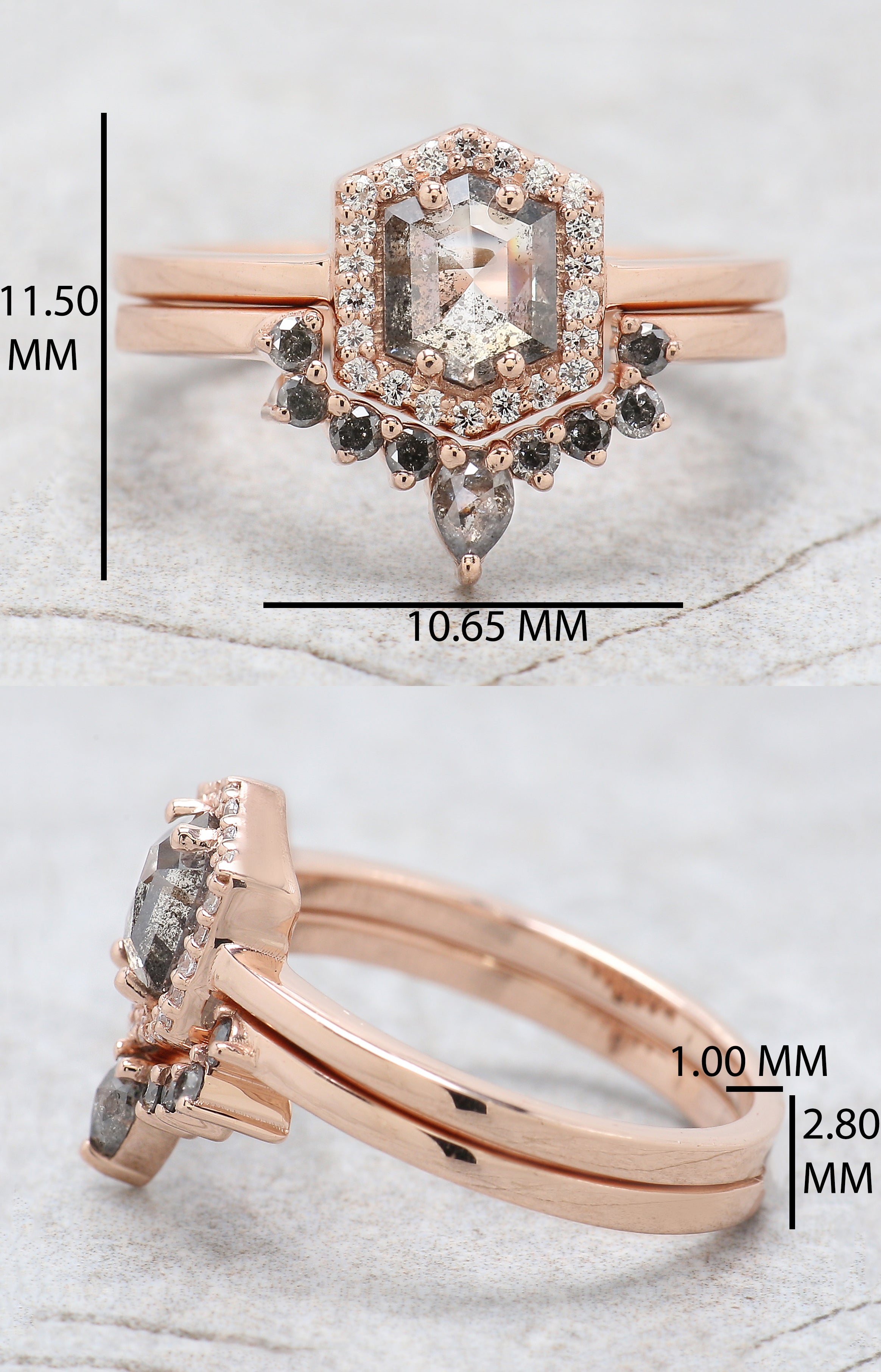 0.64 Ct Natural Hexagon Salt And Pepper Diamond Ring 6.00 MM Hexagon Shape Diamond Ring 14K Solid Rose Gold Silver Engagement Ring QN1439