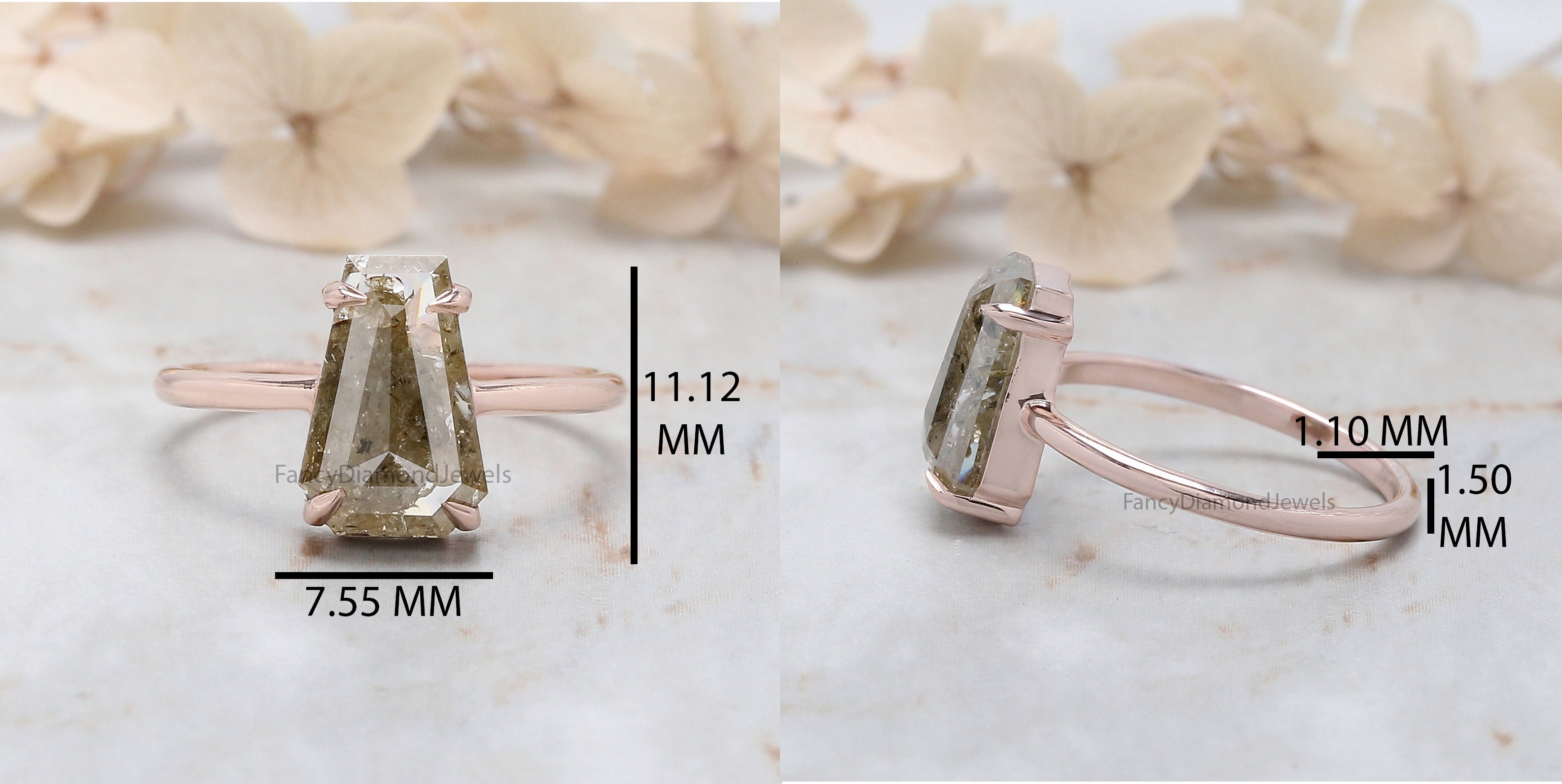 Coffin Cut Brown Color Diamond Ring 2.61 Ct 11.05 MM Coffin Diamond Ring 14K Solid Rose Gold Silver Engagement Ring Gift For Her QL400