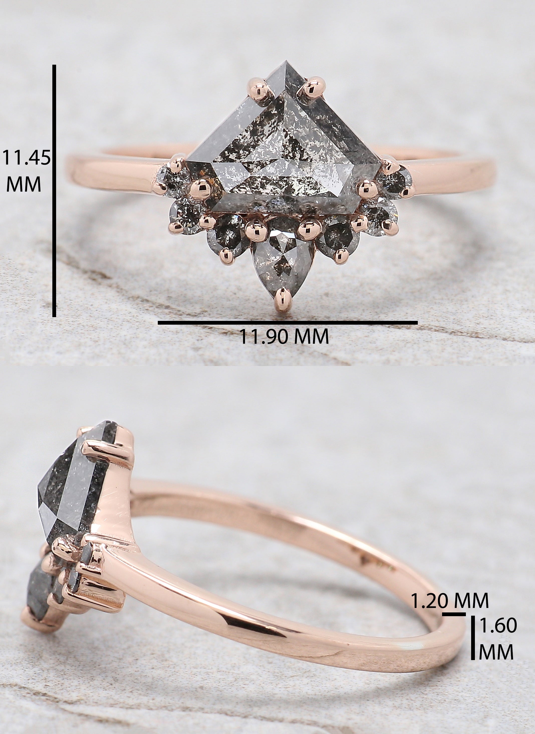 1.27 Ct Natural Shield Salt And Pepper Diamond Ring 6.90 MM Shield Shape Diamond Ring 14K Solid Rose Gold Silver Engagement Ring QL9278