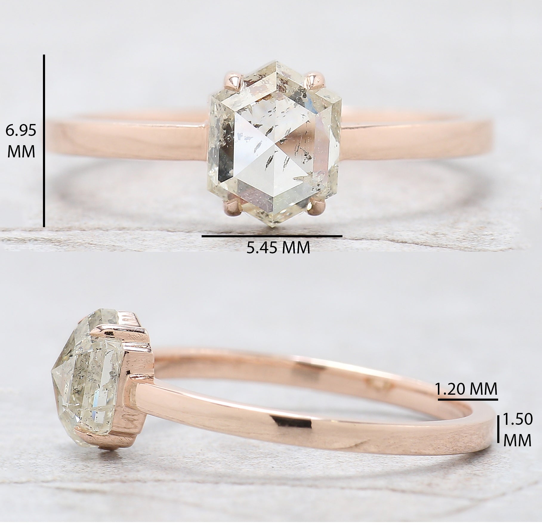 Hexagon Cut Salt And Pepper Diamond Ring 1.12 Ct 6.84 MM Hexagon Diamond Ring 14K Rose Gold Silver Engagement Ring Gift For Her QL2683