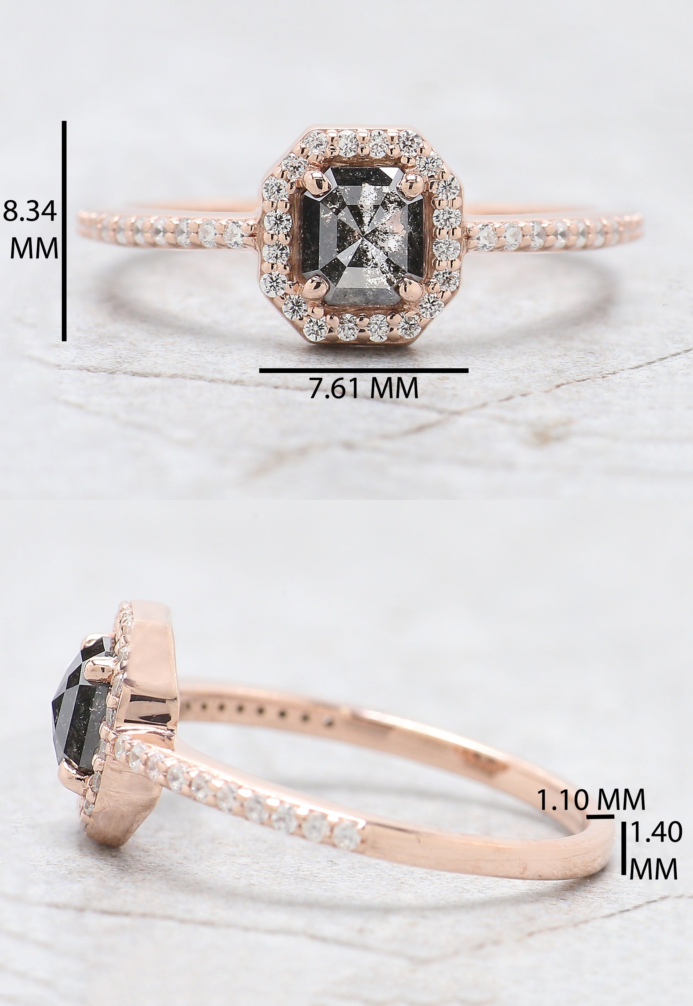 Emerald Cut Salt And Pepper Diamond Ring 0.55 Ct 5.10 MM Emerald Diamond Ring 14K Solid Rose Gold Silver Engagement Ring Gift For Her QN9426