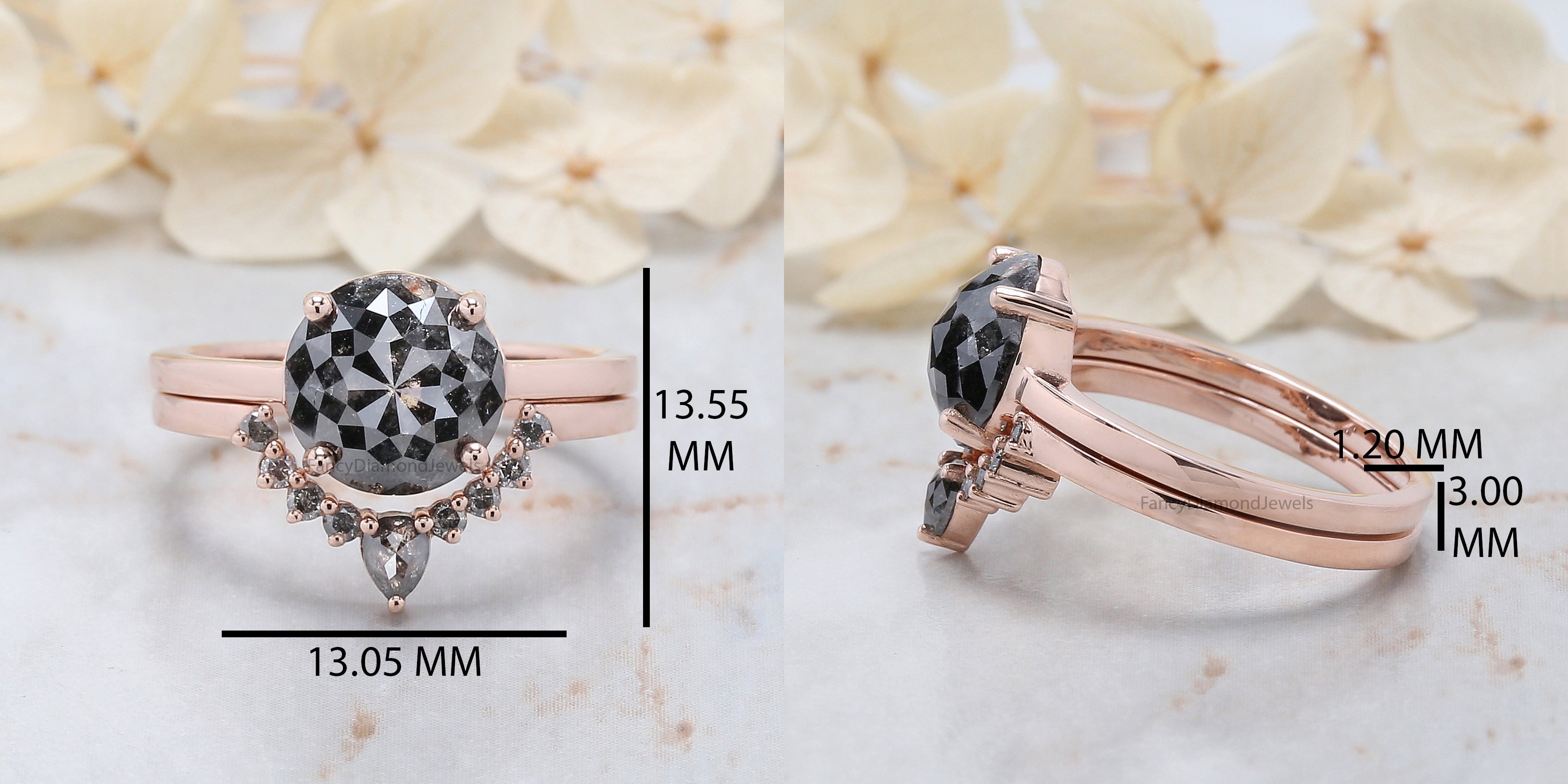 Round Rose Cut Salt And Pepper Diamond Ring 2.97 Ct 8.85 MM Round Diamond Ring 14K Solid Rose Gold Silver Engagement Ring Gift For Her QL064