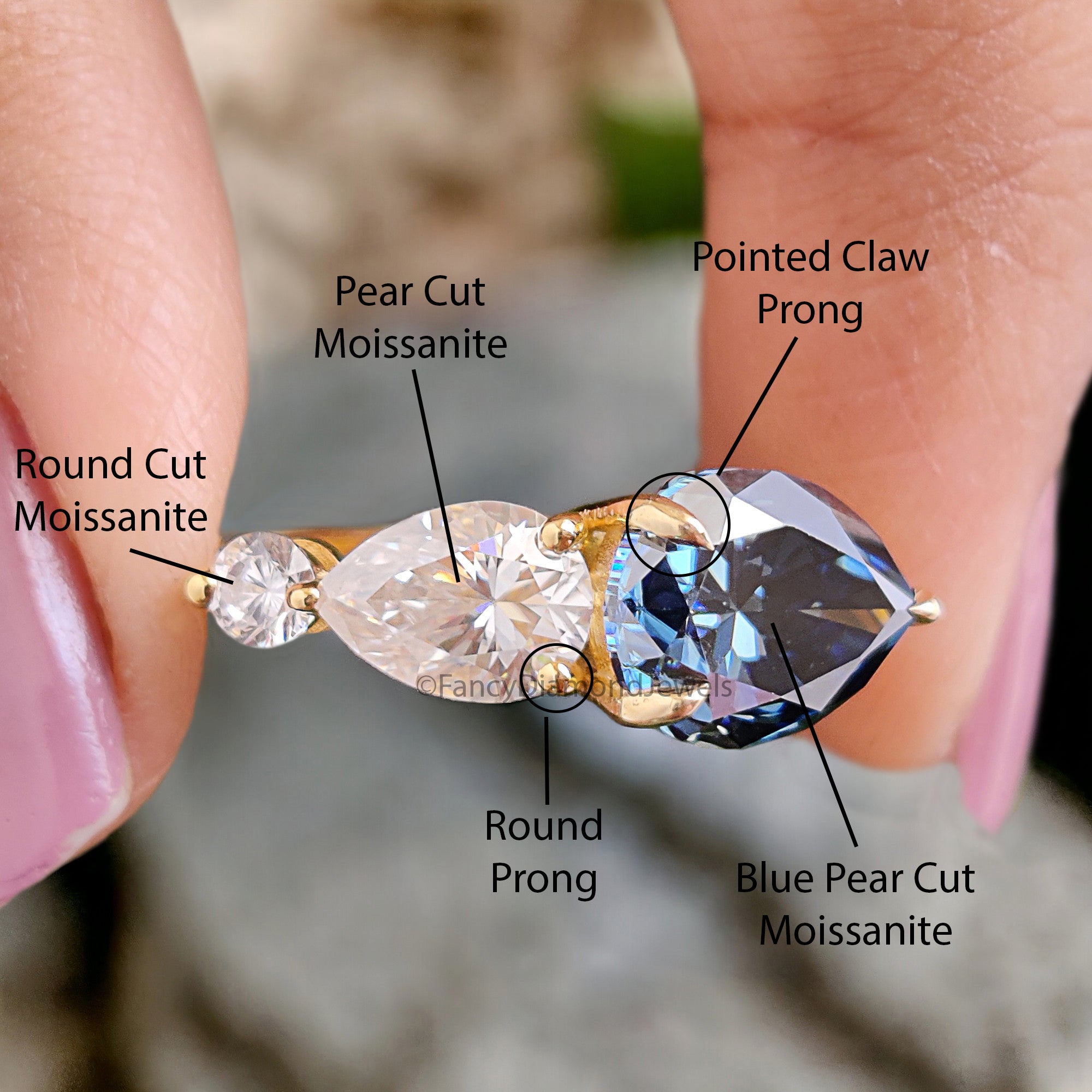 2.15 CT Pear Royal Blue Moissanite Ring Engagement Ring Pear Shaped Moissanite Best Proposal Ring For Her 3 Stone Unique Gift Ring FD288