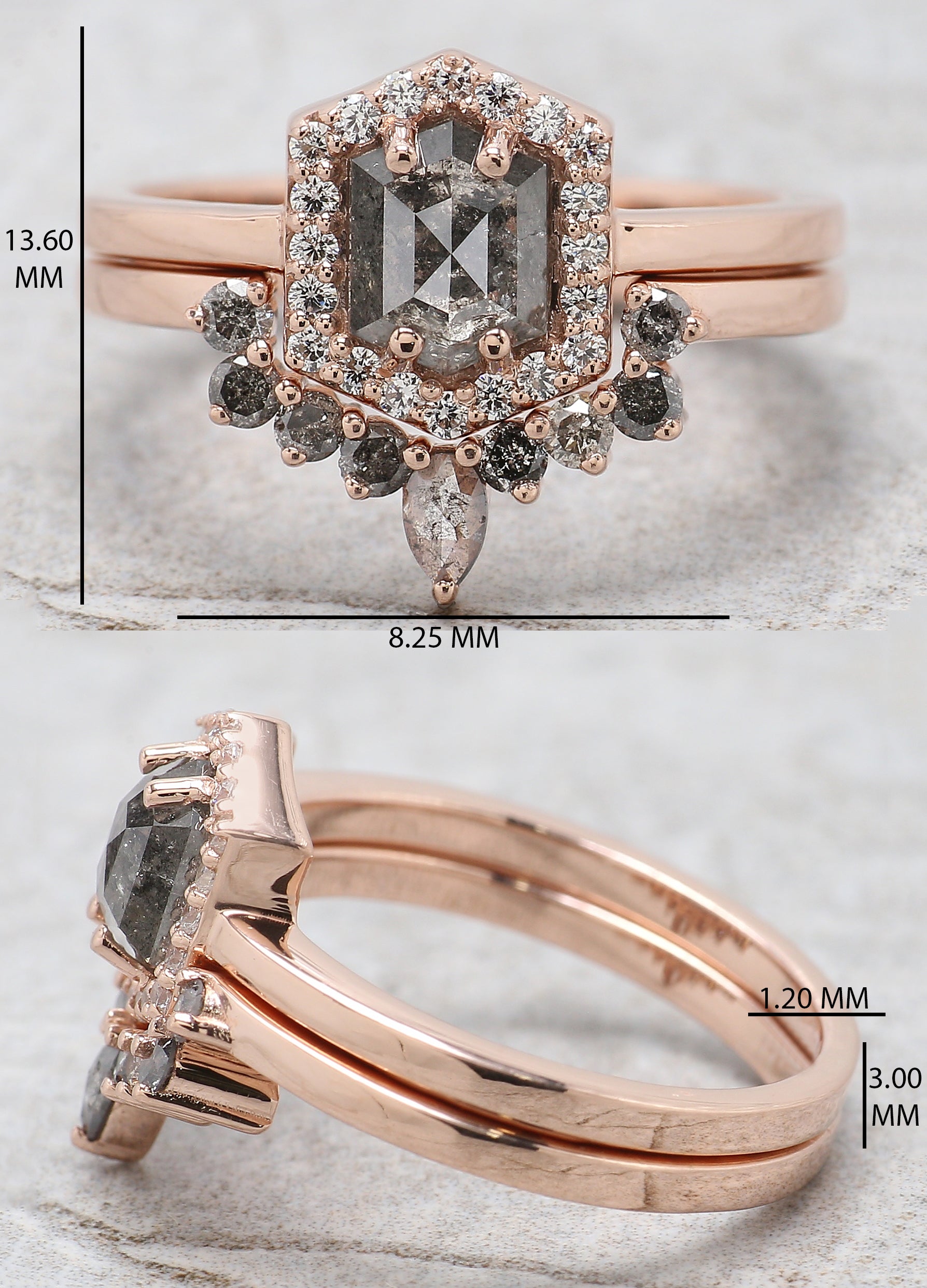 Hexagon Cut Salt And Pepper Diamond Ring 0.95 Ct 6.40 MM Hexagon Diamond Ring 14K Solid Rose Gold Silver Engagement Ring Gift For Her QN1448