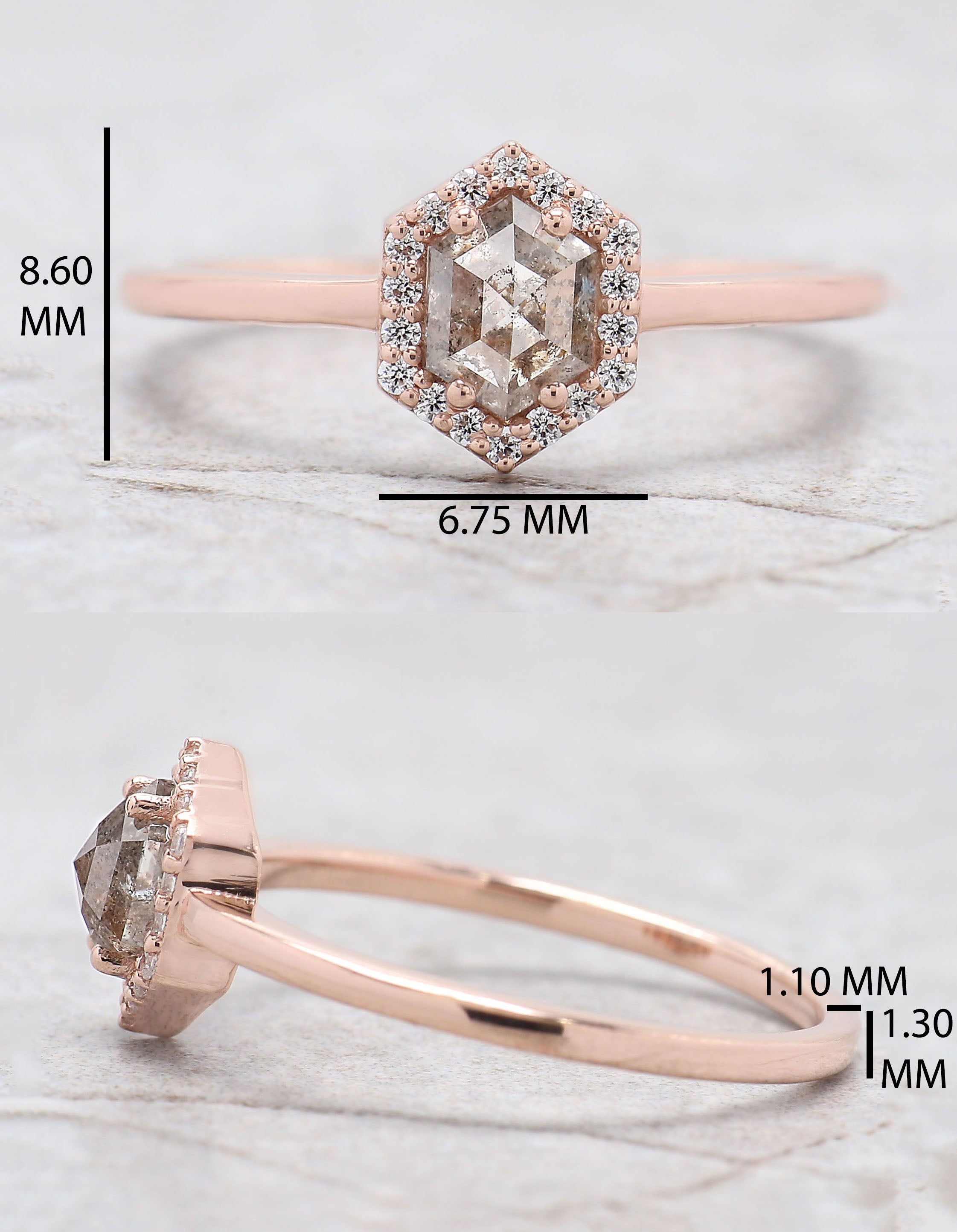 Hexagon Salt And Pepper Diamond Ring 0.63 Ct 5.70 MM Hexagon Cut Diamond Ring 14K Solid Rose Gold Silver Engagement Ring Gift For Her QL9618