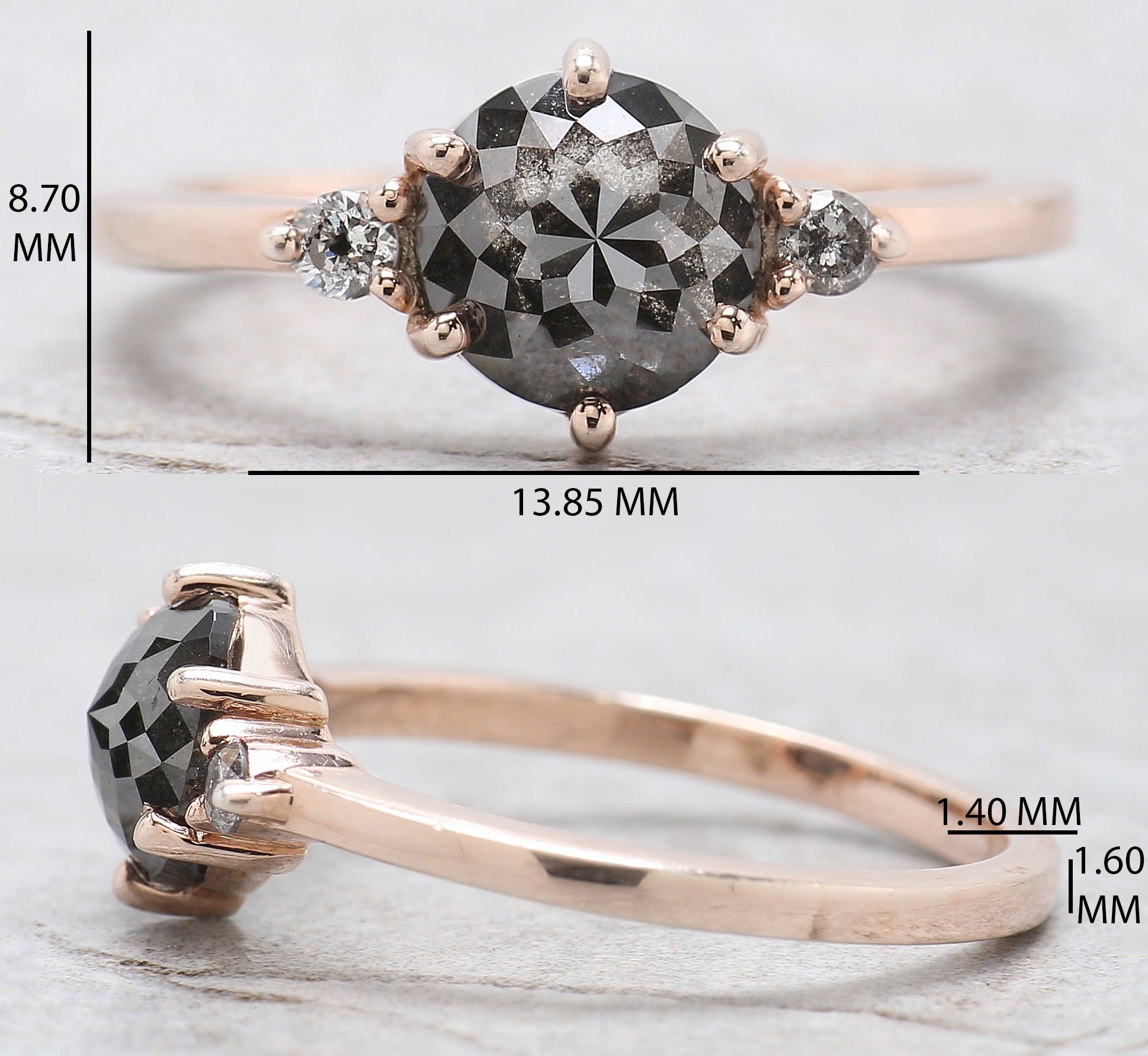 Round Rose Cut Salt And Pepper Diamond Ring 1.78 Ct 7.20 MM Round Diamond Ring 14K Rose Gold Silver Engagement Ring Gift For Her QN9666