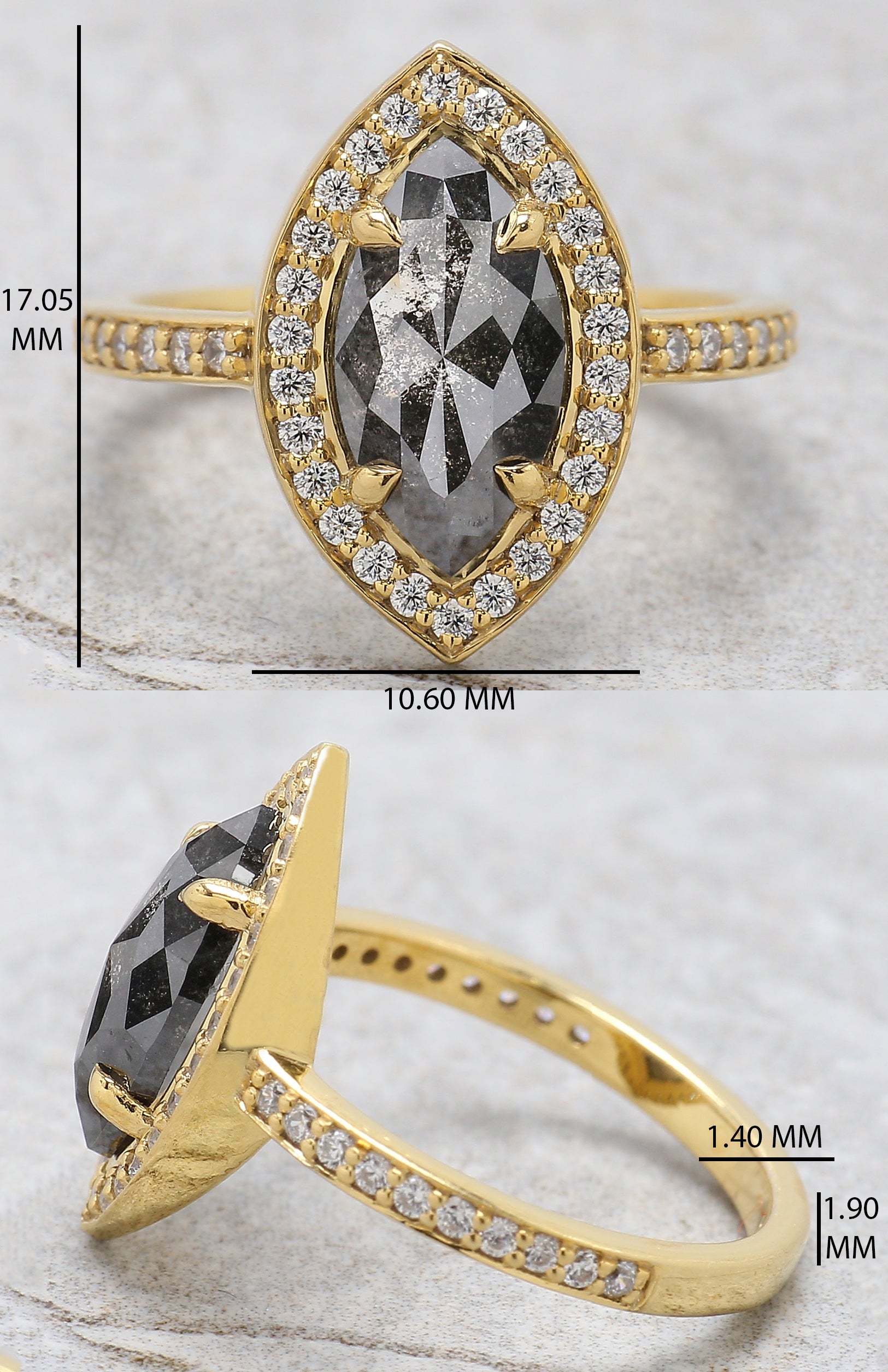 Marquise Cut Salt And Pepper Diamond Ring 1.81 Ct 11.70 MM Marquise Diamond Ring 14K Solid Yellow Gold Engagement Ring Gift For Her QL2091