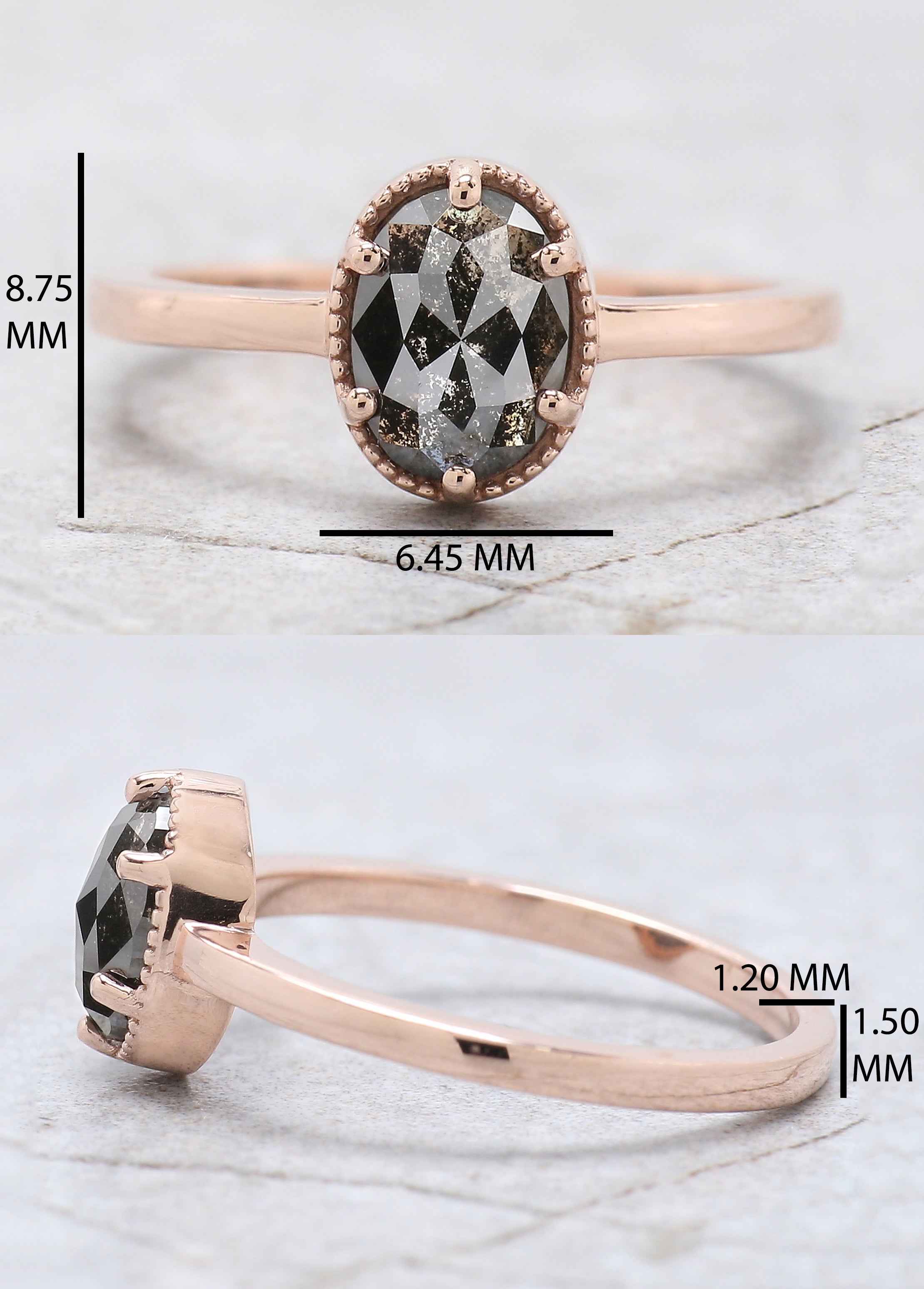 1.06 Ct Natural Oval Salt And Pepper Diamond Ring 7.50 MM Oval Cut Diamond Ring 14K Solid Rose Gold Silver Engagement Ring Oval Ring QN1313