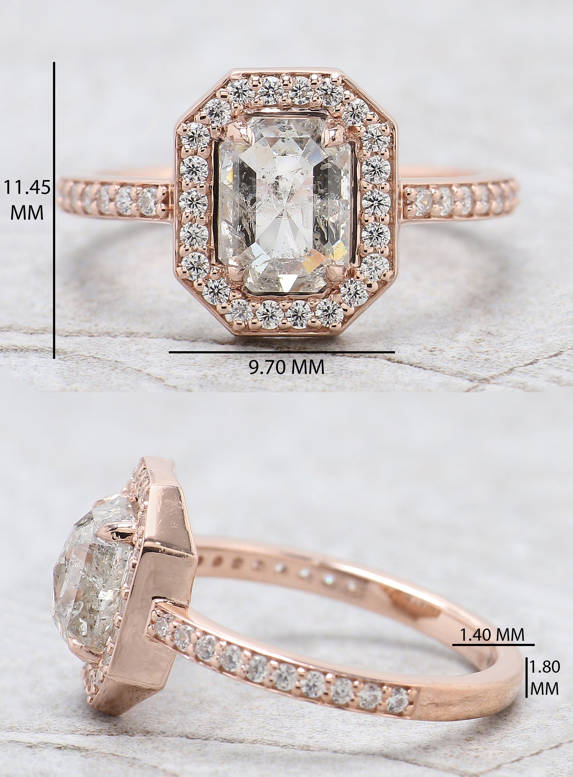 Emerald Cut Salt And Pepper Diamond Ring 1.57 Ct 7.28 MM Emerald Diamond Ring 14K Solid Rose Gold Silver Engagement Ring Gift For Her QL2584