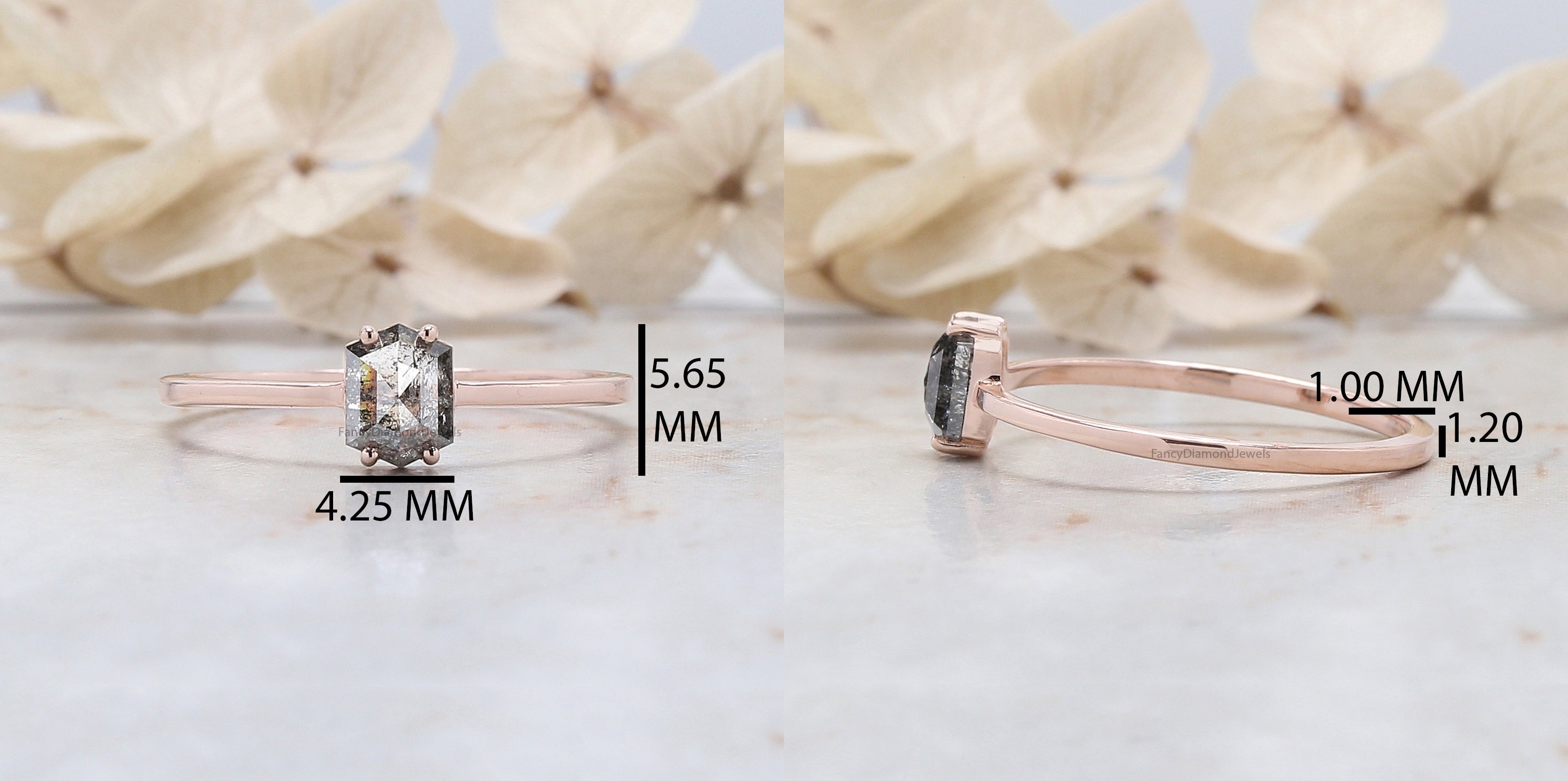 Hexagon Cut Salt And Pepper Diamond Ring 0.55 Ct 5.50 MM Hexagon Cut Diamond Ring 14K Rose Gold Silver Engagement Ring Gift For Her QN1481