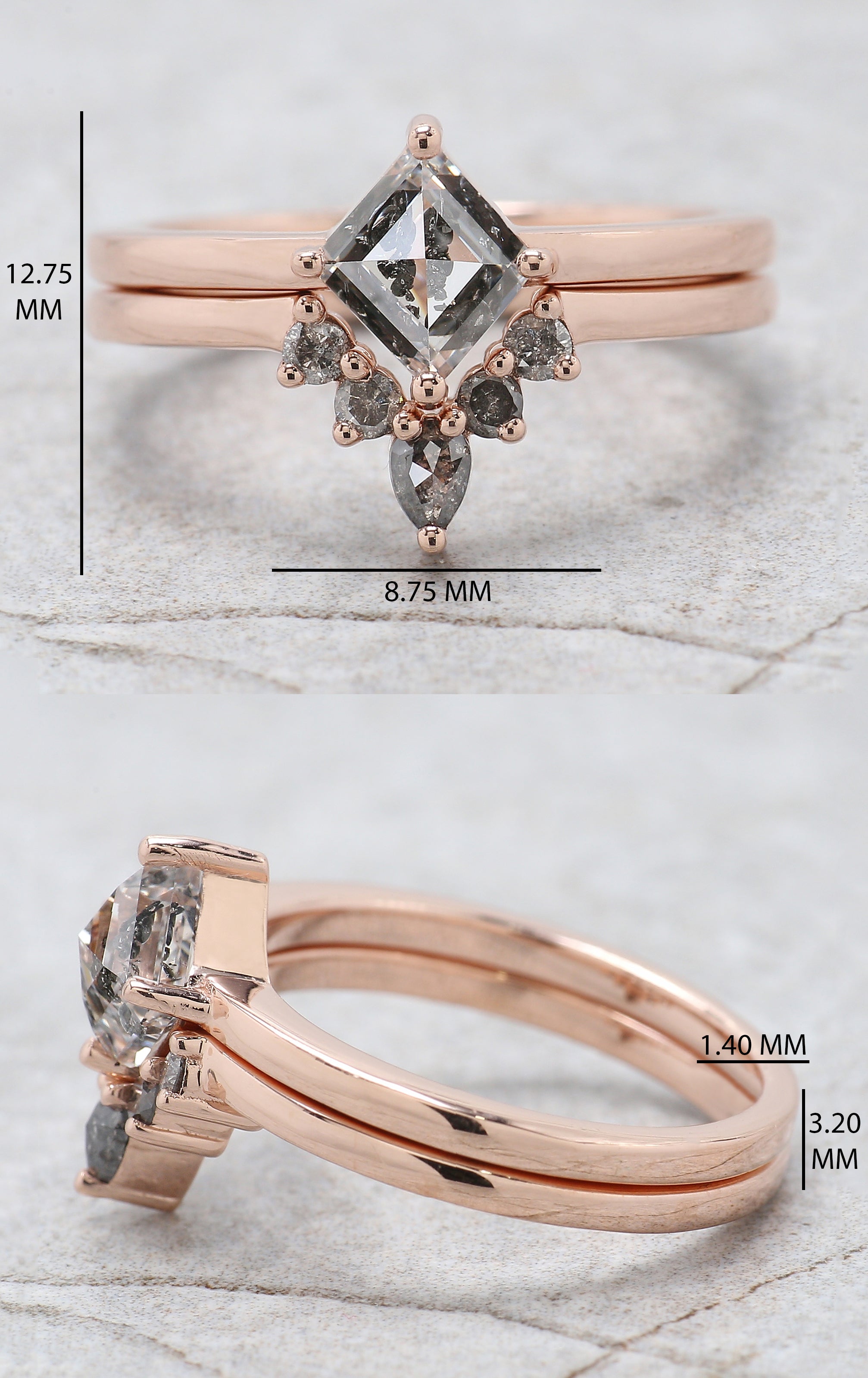 Kite Cut Salt And Pepper Diamond Ring 1.07 Ct 7.44 MM Kite Diamond Ring 14K Solid Rose Gold Silver Kite Engagement Ring Gift For Her QL2677