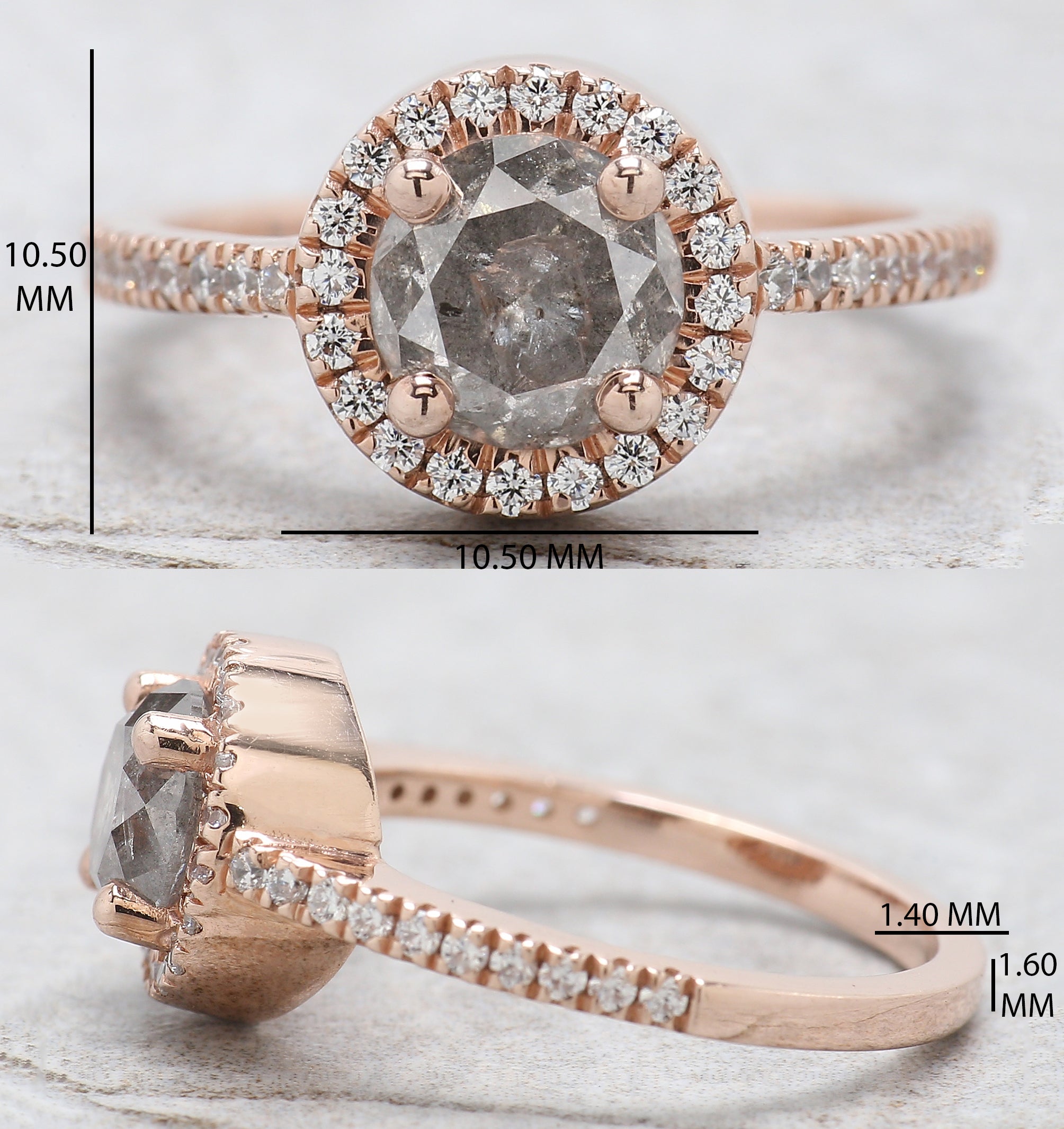 Round Cut Salt And Pepper Diamond Ring 1.45 Ct 6.70 MM Round Diamond Ring 14K Solid Rose Gold Silver Engagement Ring Gift For Her QL013