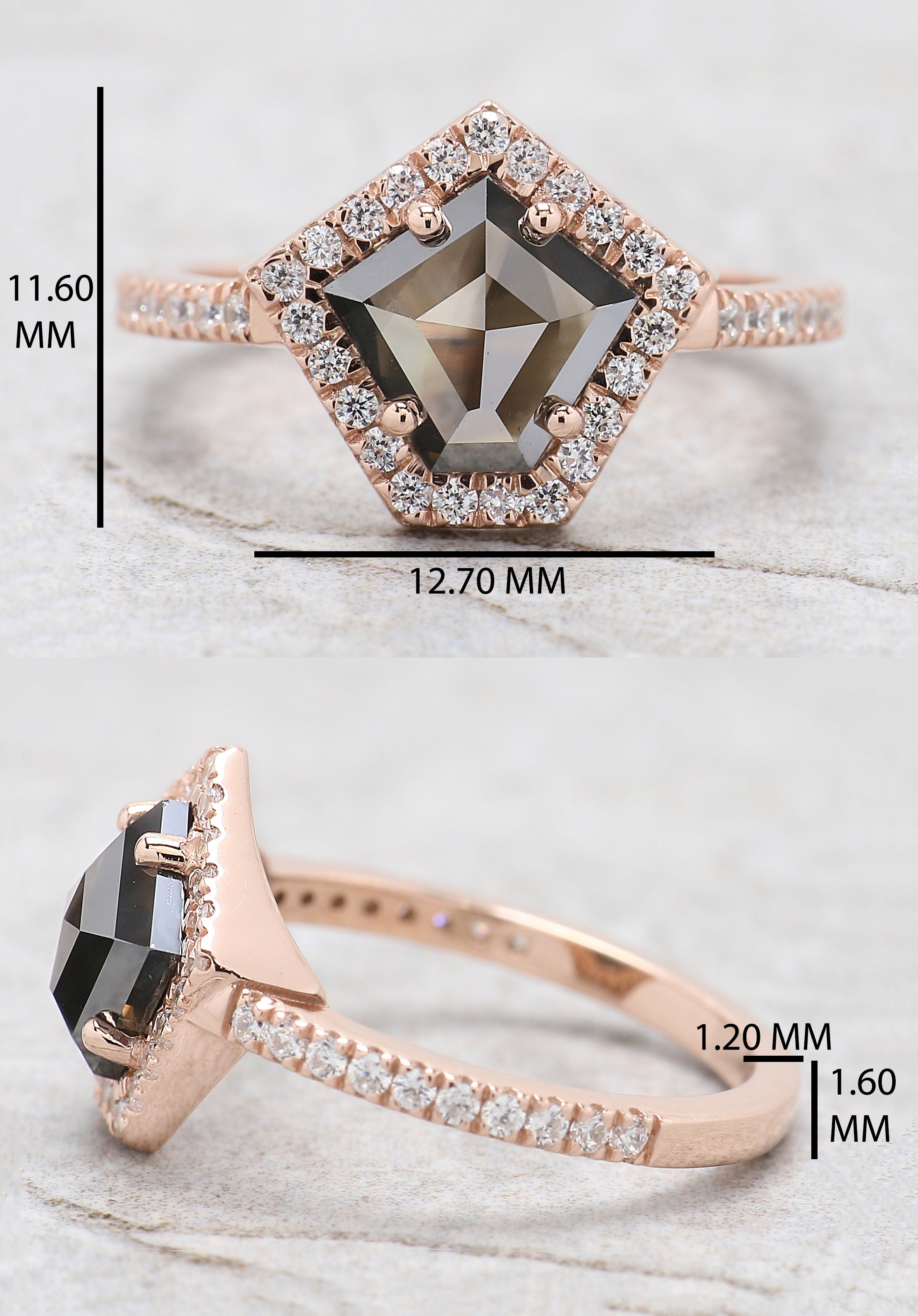 IGI Certified Pentagon Black Color Diamond Ring 1.74 Ct 8.05 MM Pentagon Diamond Ring 14K Solid Rose Gold Silver Engagement Gift Ring QL9381