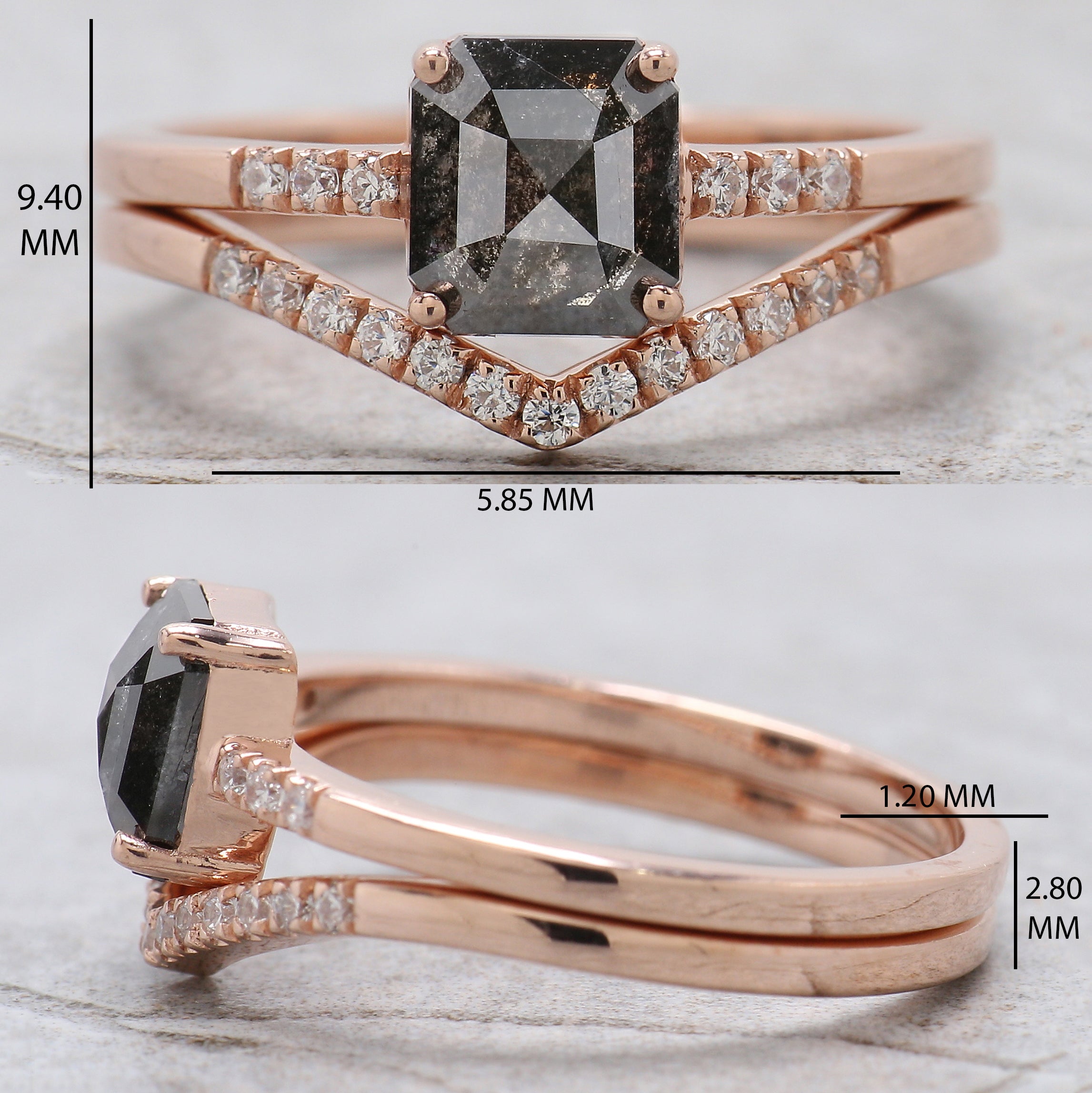 Emerald Salt And Pepper Diamond Ring 0.92 Ct 6.35 MM Emerald Diamond Ring 14K Solid Rose Gold Silver Engagement Ring Gift For Her QK1648