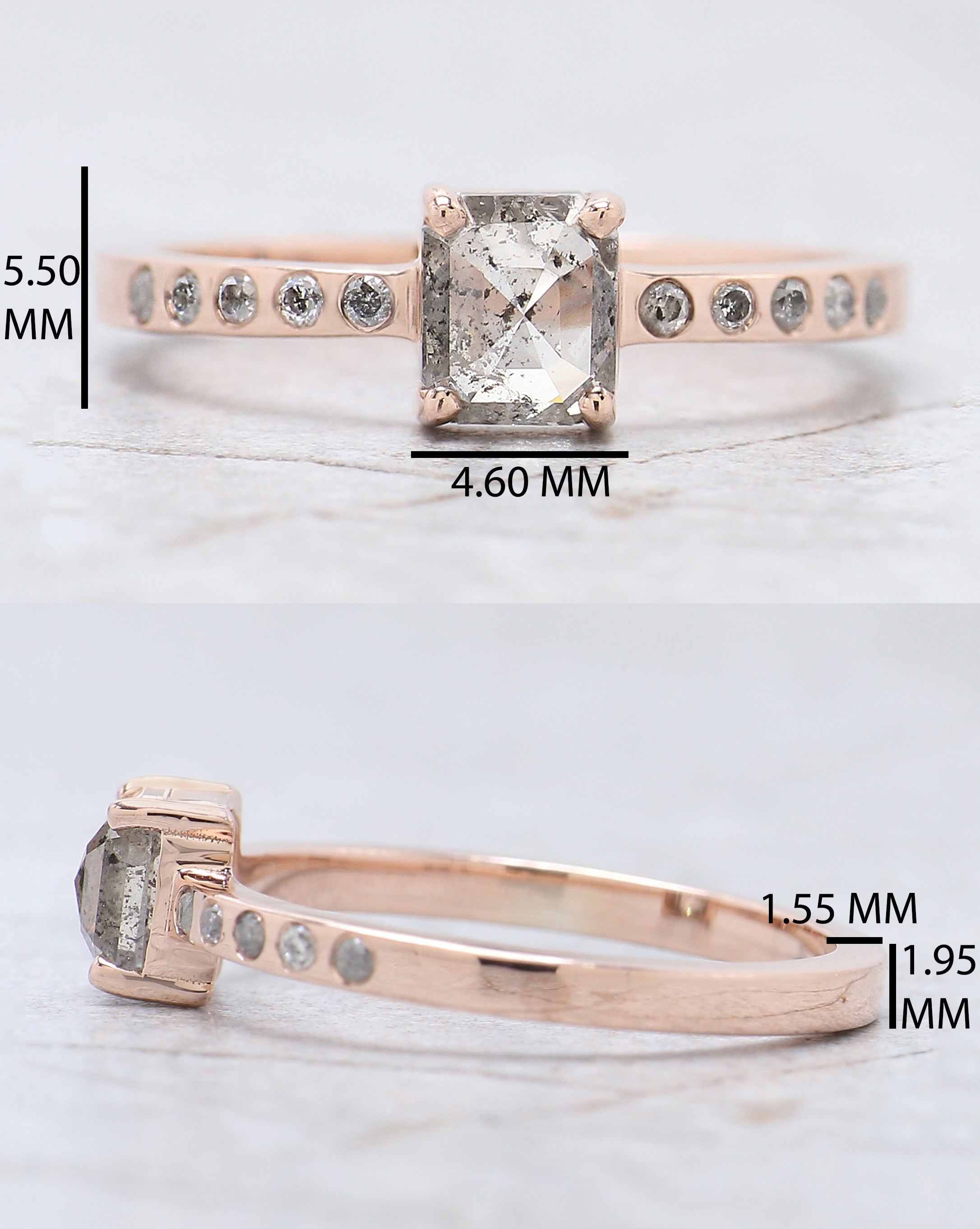 Emerald Cut Salt And Pepper Diamond Ring 0.79 Ct 5.50 MM Emerald Diamond Ring 14K Solid Rose Gold Silver Engagement Ring Gift For Her QN8837