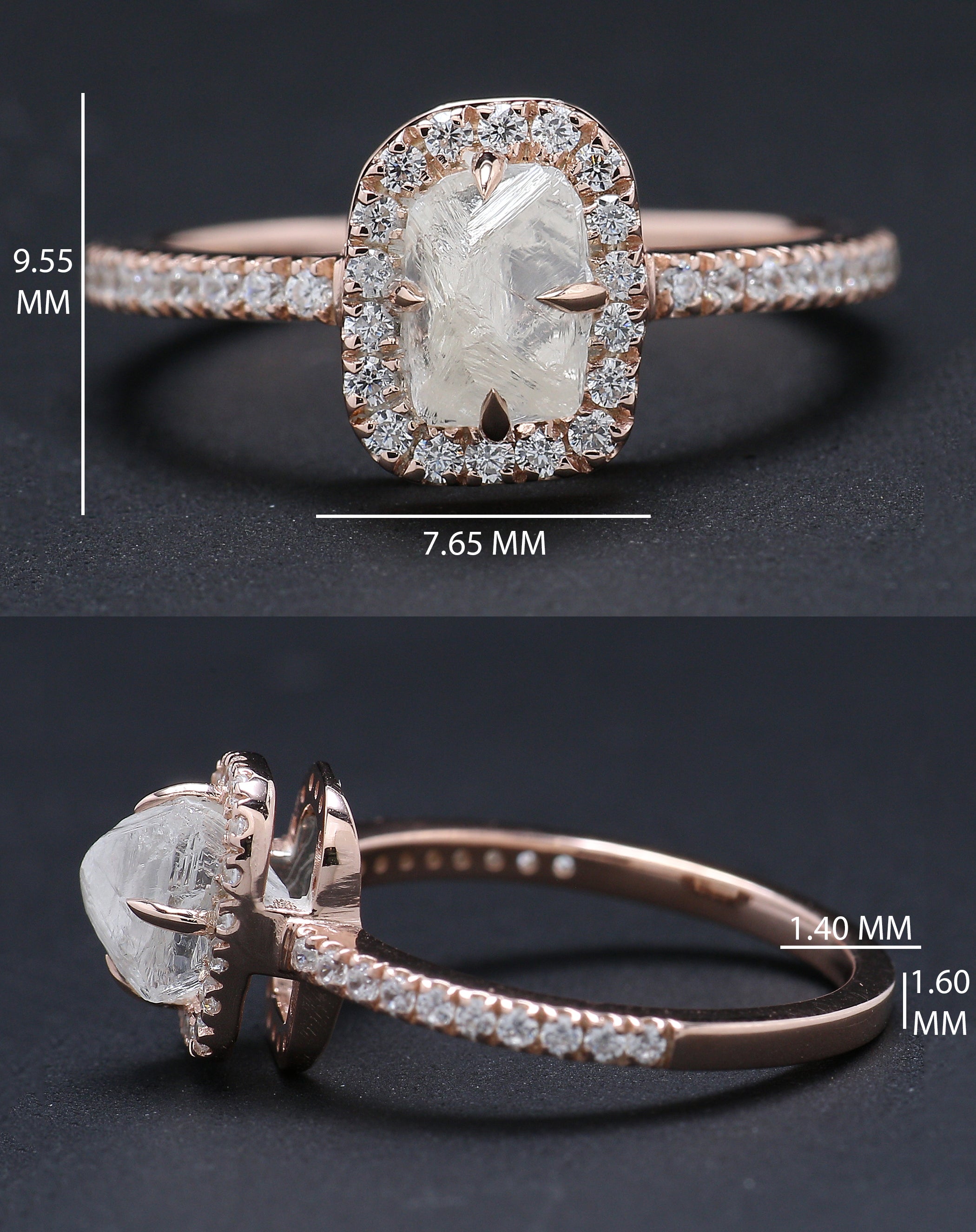Rough White-F Color Diamond Ring 1.40 Ct 6.86 MM Crystal Rough Diamond Ring 14K Solid Rose Gold Silver Engagement Ring Gift For Her KDL2496