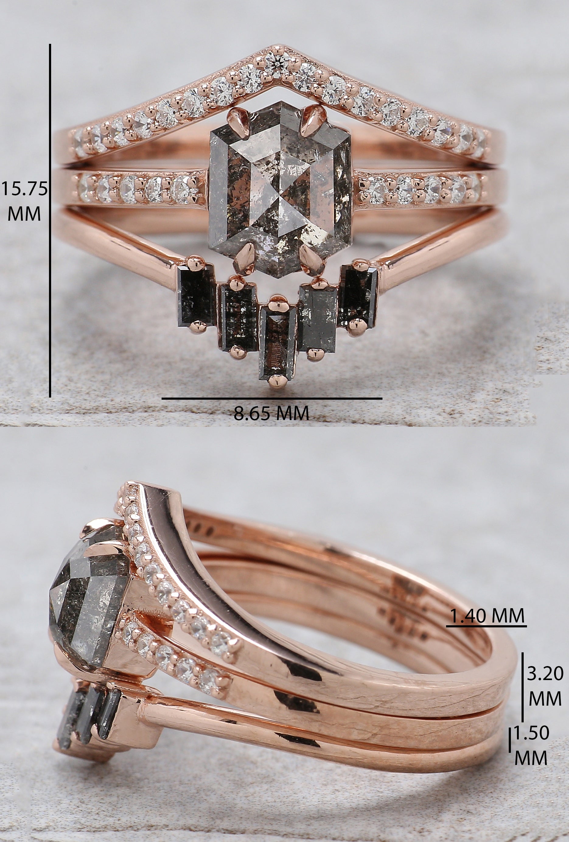 Hexagon Salt And Pepper Diamond Ring 1.41 Ct 7.50 MM Hexagon Cut Diamond Ring 14K Solid Rose Gold Silver Engagement Ring Gift For Her QL1262