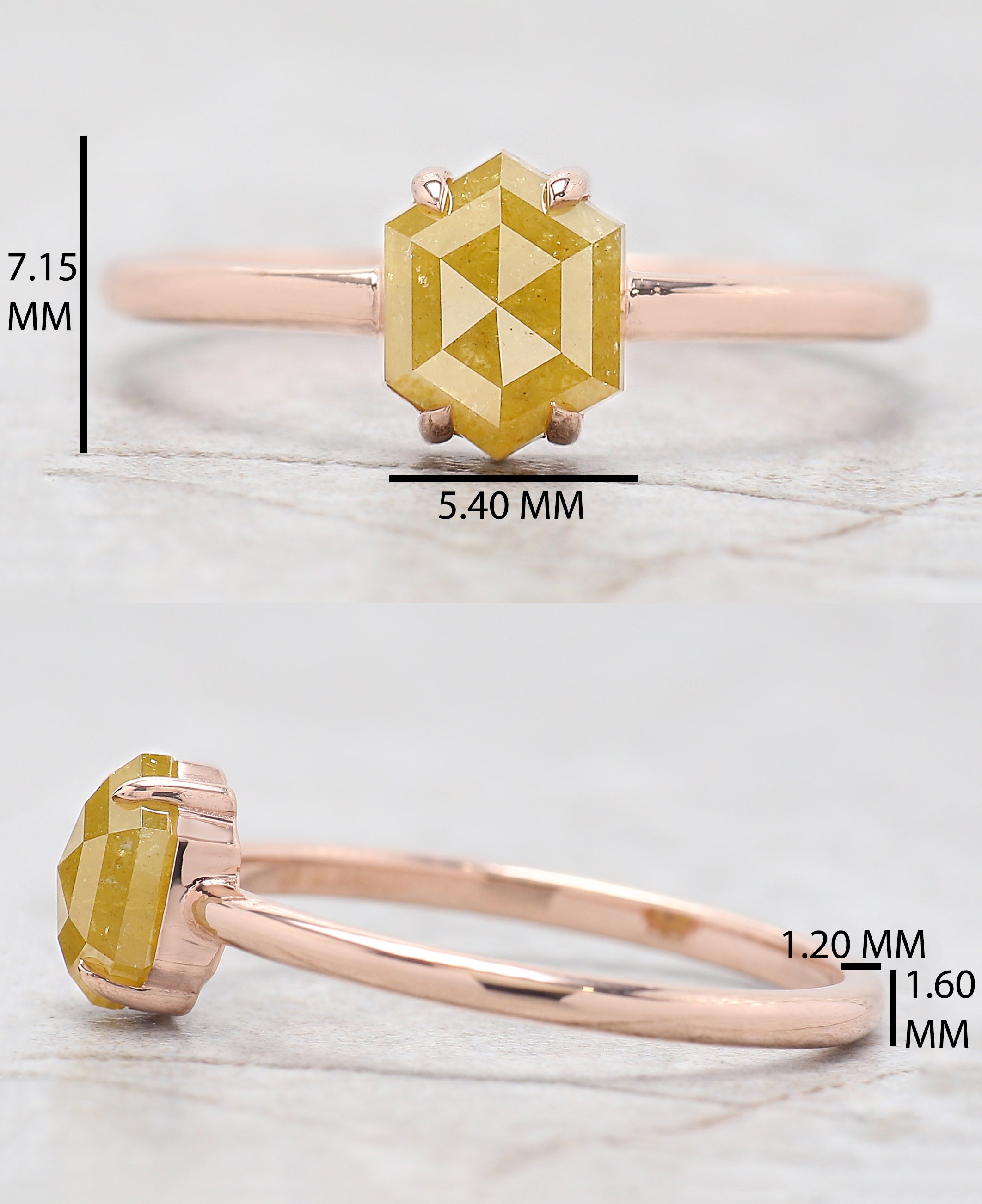 Hexagon Shape Yellow Color Diamond Ring 1.11 Ct 6.95 MM Hexagon Cut Diamond Ring 14K Rose Gold Silver Engagement Ring Gift For Her QL9756