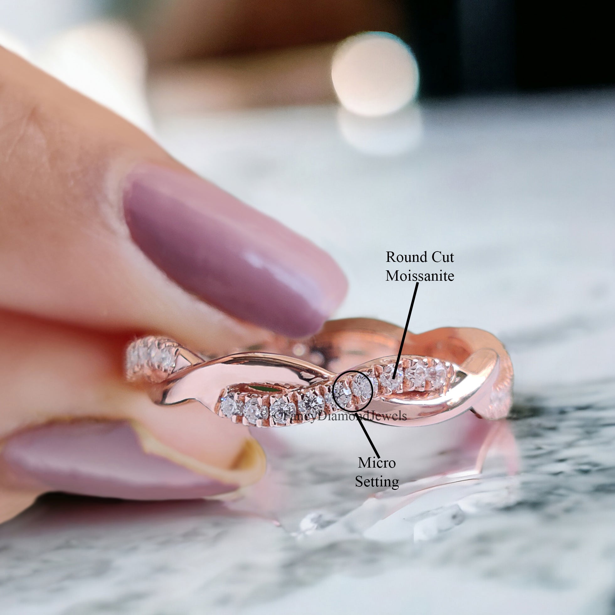 Unique Twisted Shank Wedding Band Rose Gold Matching Delicate Dainty Ring Stacking Full Eternity Bridal Wedding band Infinity band FD62
