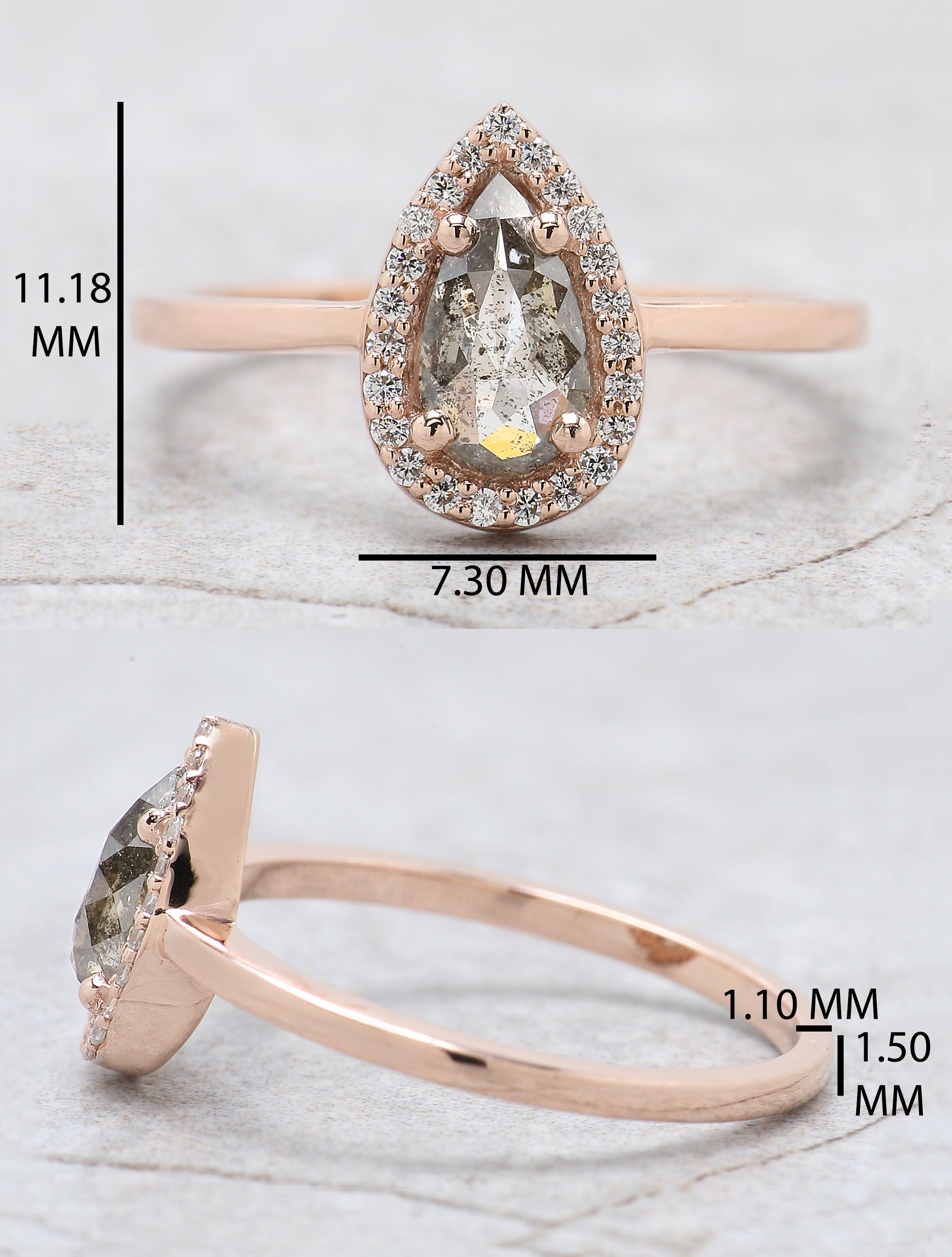 Pear Cut Salt And Pepper Diamond Ring 0.59 Ct 7.85 MM Pear Diamond Ring 14K Solid Rose Gold Silver Pear Engagement Ring Gift For Her QN138