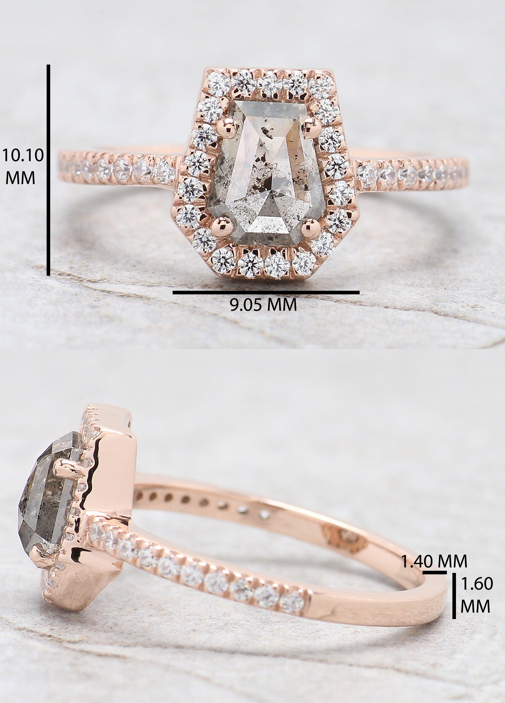 Coffin Cut Salt And Pepper Diamond Ring 1.11 Ct 6.80 MM Coffin Diamond Ring 14K Solid Rose Gold Silver Engagement Ring Gift For Her QK2178