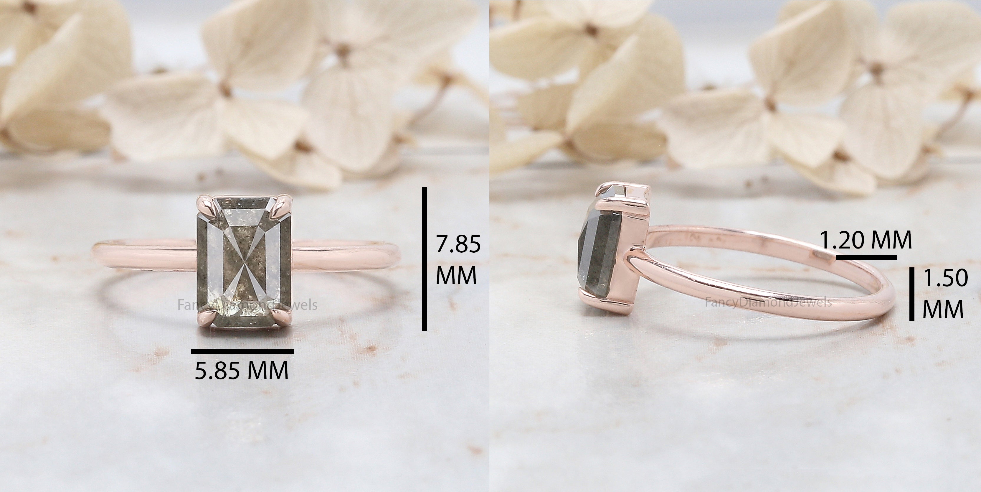 Emerald Cut Salt And Pepper Diamond Ring 1.56 Ct 7.80 MM Emerald Diamond Ring 14K Solid Rose Gold Silver Engagement Ring Gift For Her QL787