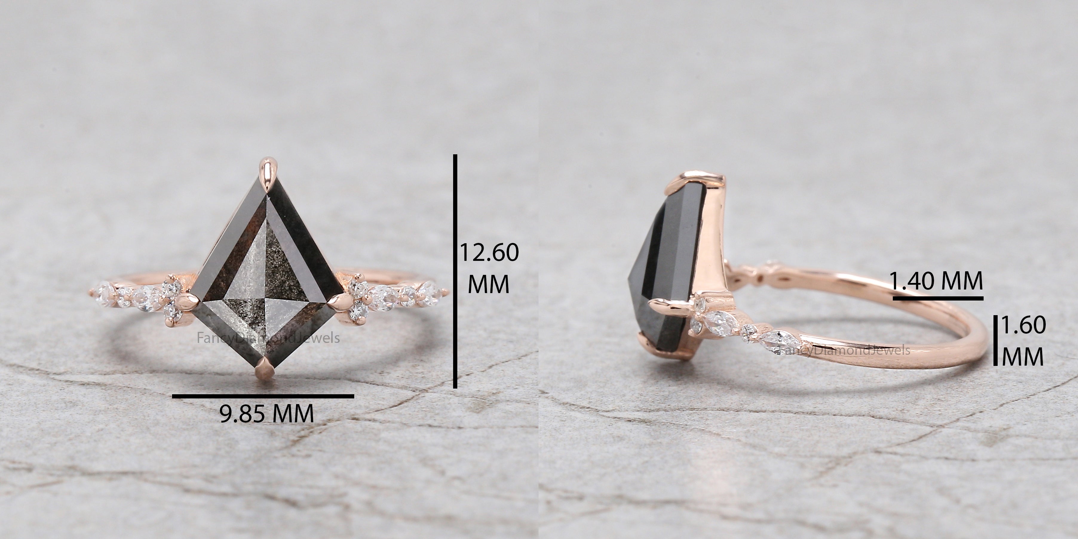 Kite Cut Salt And Pepper Diamond Ring 2.71 Ct 12.03 MM Kite Diamond Ring 14K Solid Rose Gold Silver Kite Engagement Ring Gift For Her QL2121-1