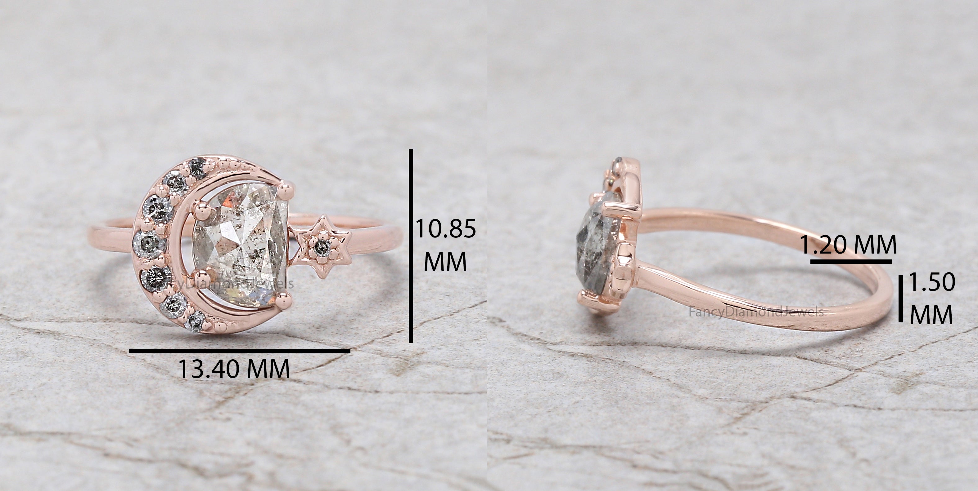 Half Moon Salt And Pepper Diamond Ring 0.94 Ct 7.30 MM Half Moon Diamond Ring 14K Solid Rose Gold Silver Engagement Ring Gift For Her QN725