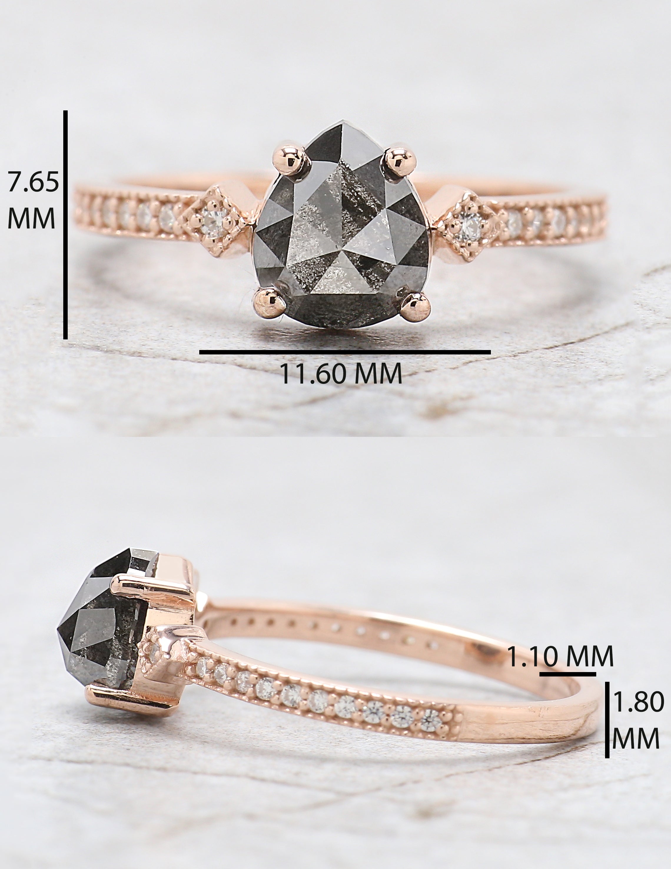 Pear Cut Salt And Pepper Diamond Ring 1.56 Ct 7.40 MM Pear Diamond Ring 14K Solid Rose Gold Silver Pear Engagement Ring Gift For Her QN9477