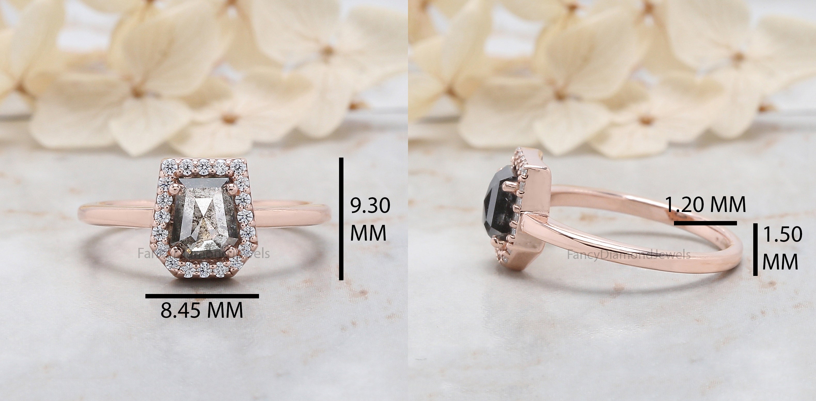 Coffin Cut Salt And Pepper Diamond Ring 0.96 Ct 6.25 MM Coffin Diamond Ring 14K Solid Rose Gold Silver Engagement Ring Gift For Her QN1097