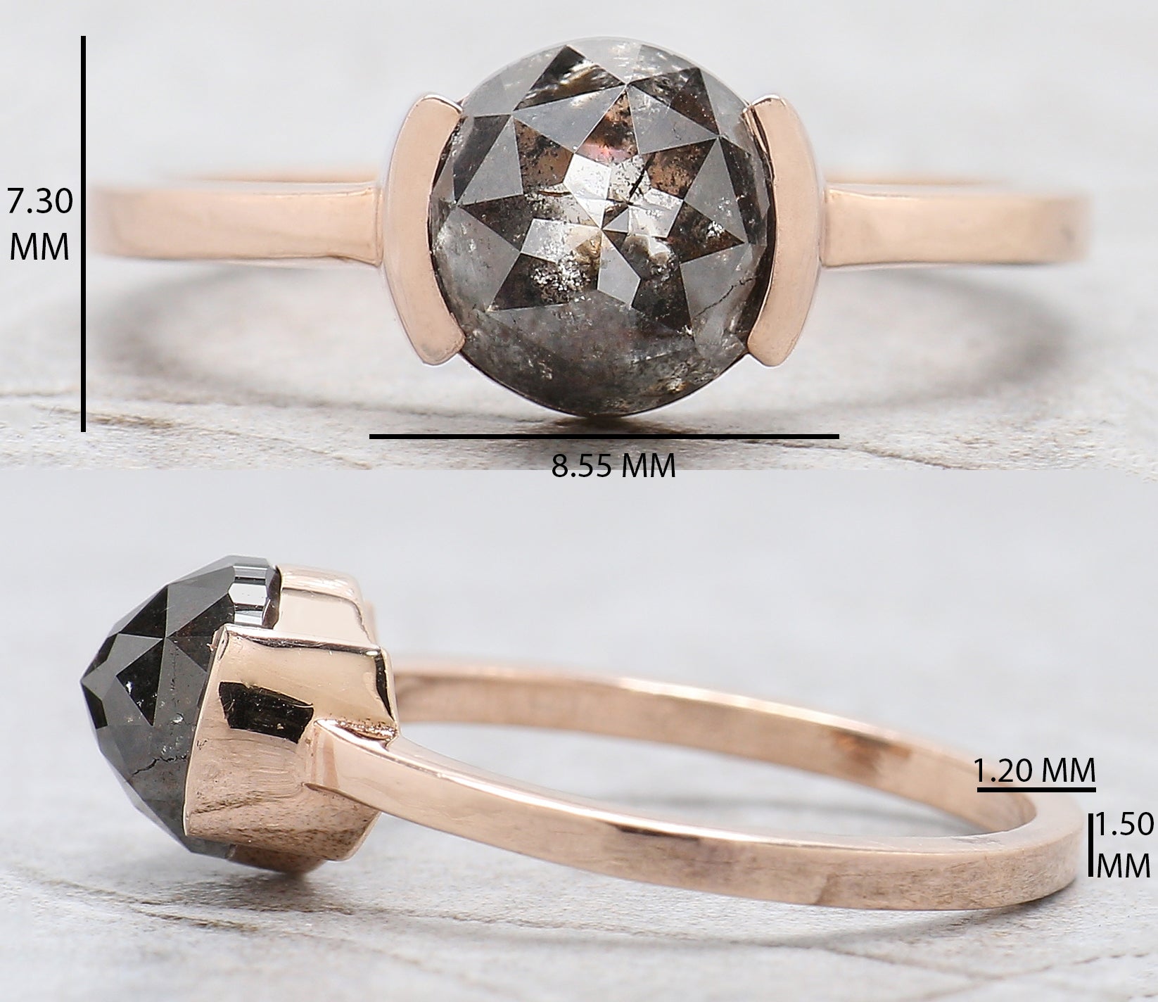 Round Rose Cut Salt And Pepper Diamond Ring 2.00 Ct 7.20 MM Round Cut Diamond Ring 14K Rose Gold Silver Engagement Ring Gift For Her QL674