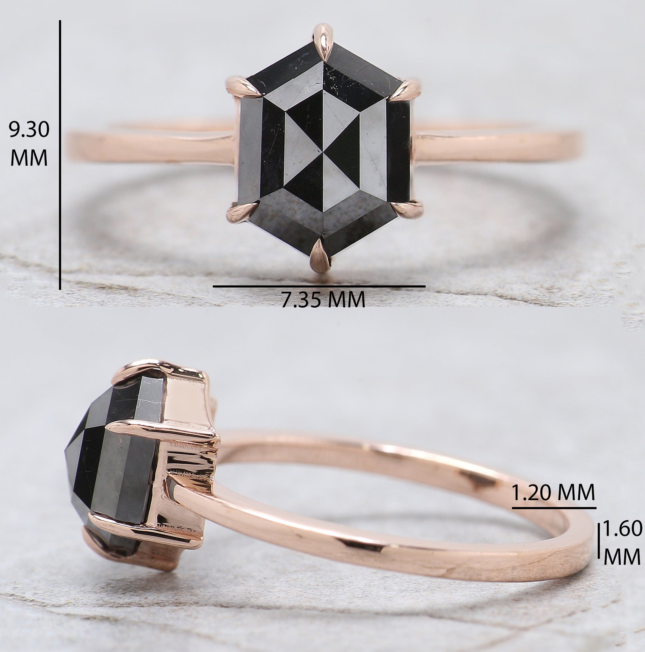 Hexagon Cut Black Color Diamond Ring 2.28 Ct 8.50 MM Hexagon Diamond Ring 14K Rose Gold Silver Hexagon Engagement Ring Gift For Her QL9576