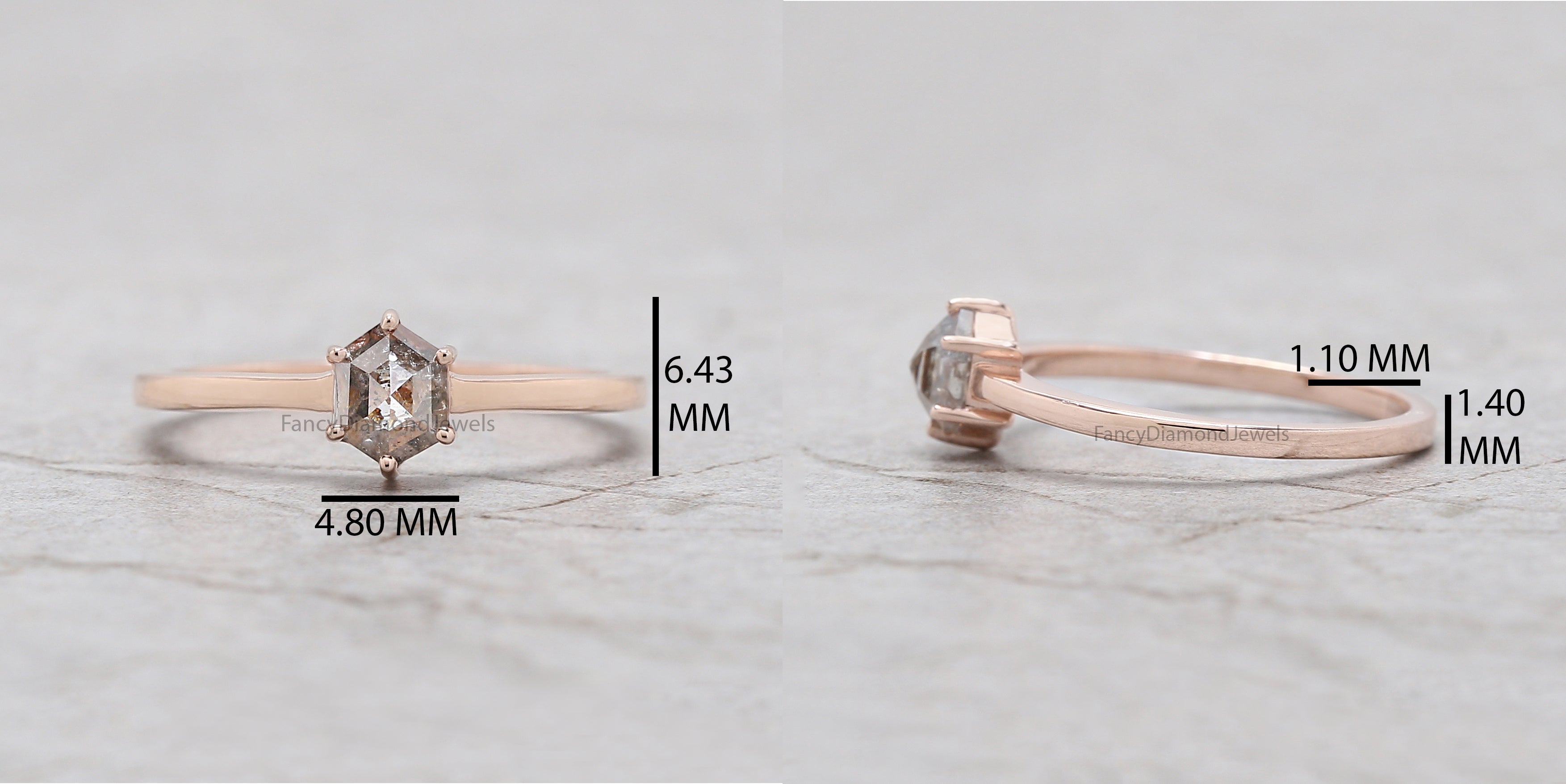 Hexagon Cut Salt And Pepper Diamond Ring 0.54 Ct 5.55 MM Hexagon Diamond Ring 14K Solid Rose Gold Silver Engagement Ring Gift For Her QN642