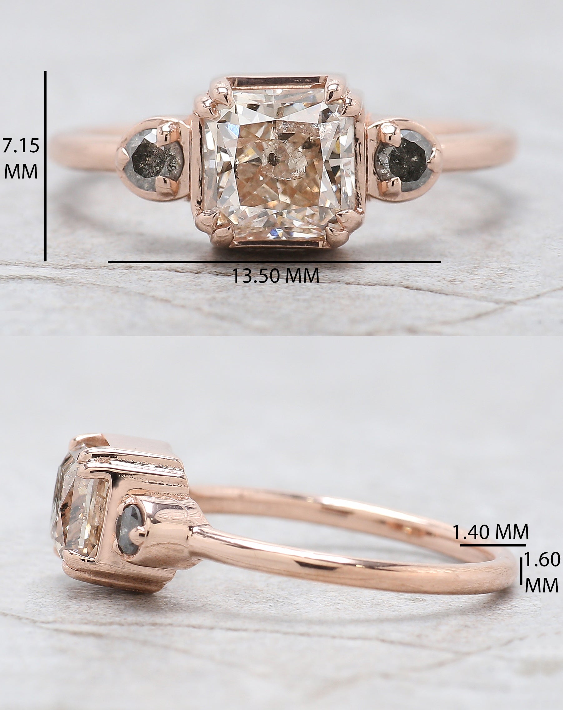 Radiant Salt And Pepper Diamond Ring 1.43 Ct 5.97 MM Radiant Diamond Ring 14K Solid Rose Gold Silver Engagement Ring Gift For Her QL2662