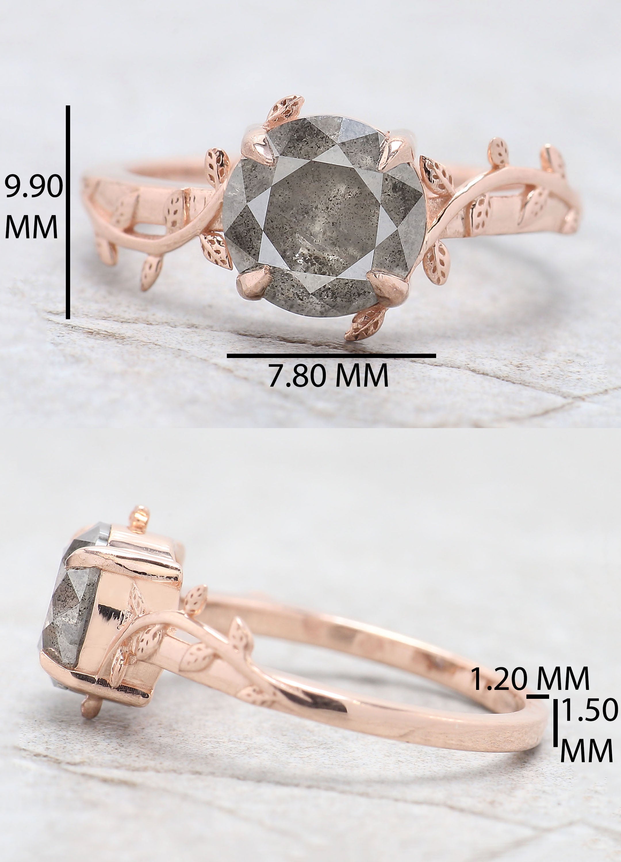 Round Cut Salt And Pepper Diamond Ring 1.83 Ct 7.70 MM Round Diamond Ring 14K Solid Rose Gold Silver Engagement Ring Gift For Her QL903