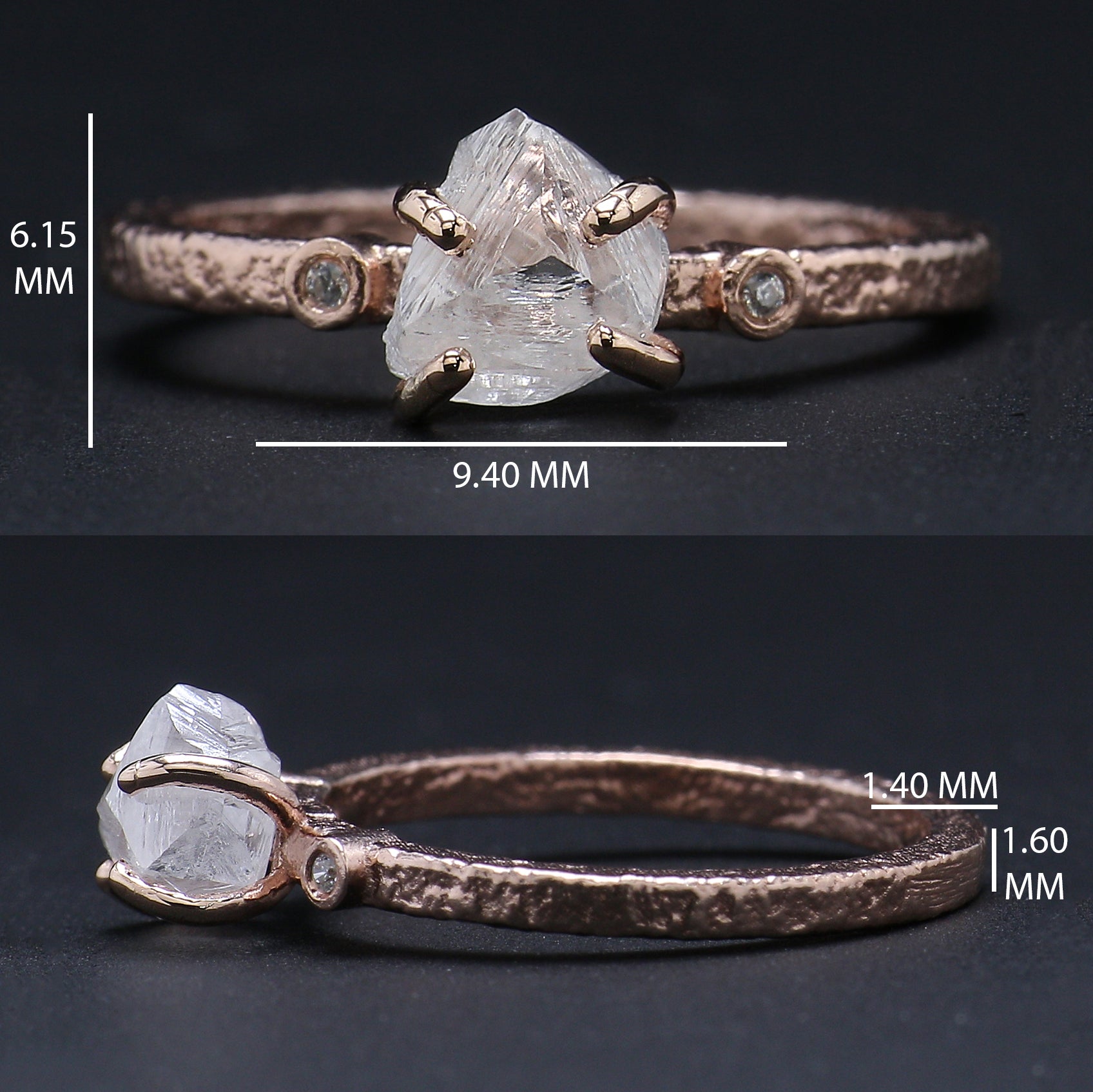 Rough White-F Color Diamond Ring 1.34 Ct 6.40 MM Crystal Rough Diamond Ring 14K Solid Rose Gold Silver Engagement Ring Gift For Her KDL2484