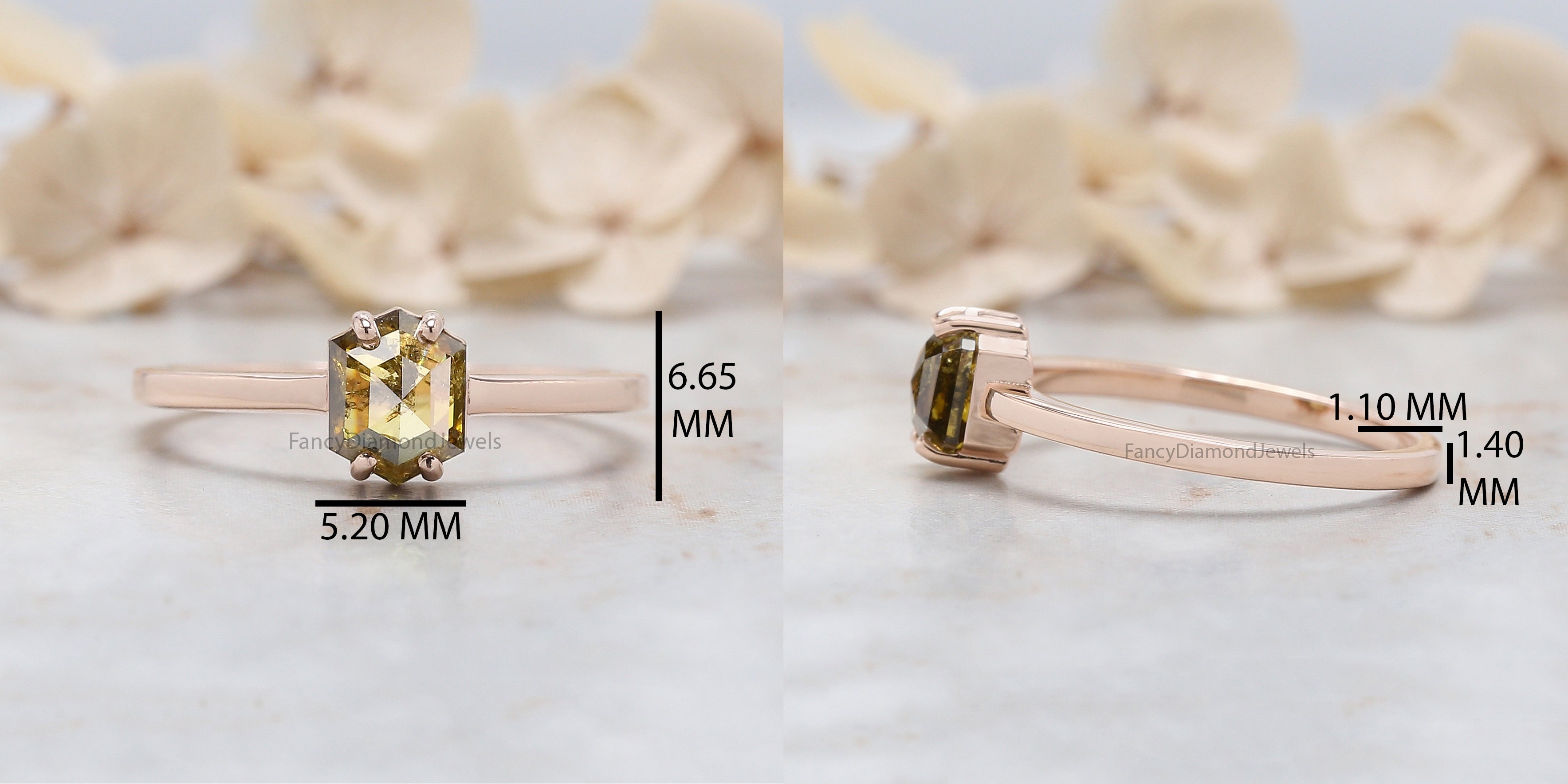 Hexagon Cut Green Color Diamond Ring 0.90 Ct 6.50 MM Hexagon Shape Diamond Ring 14K Rose Gold Silver Engagement Ring Gift For Her QL1070