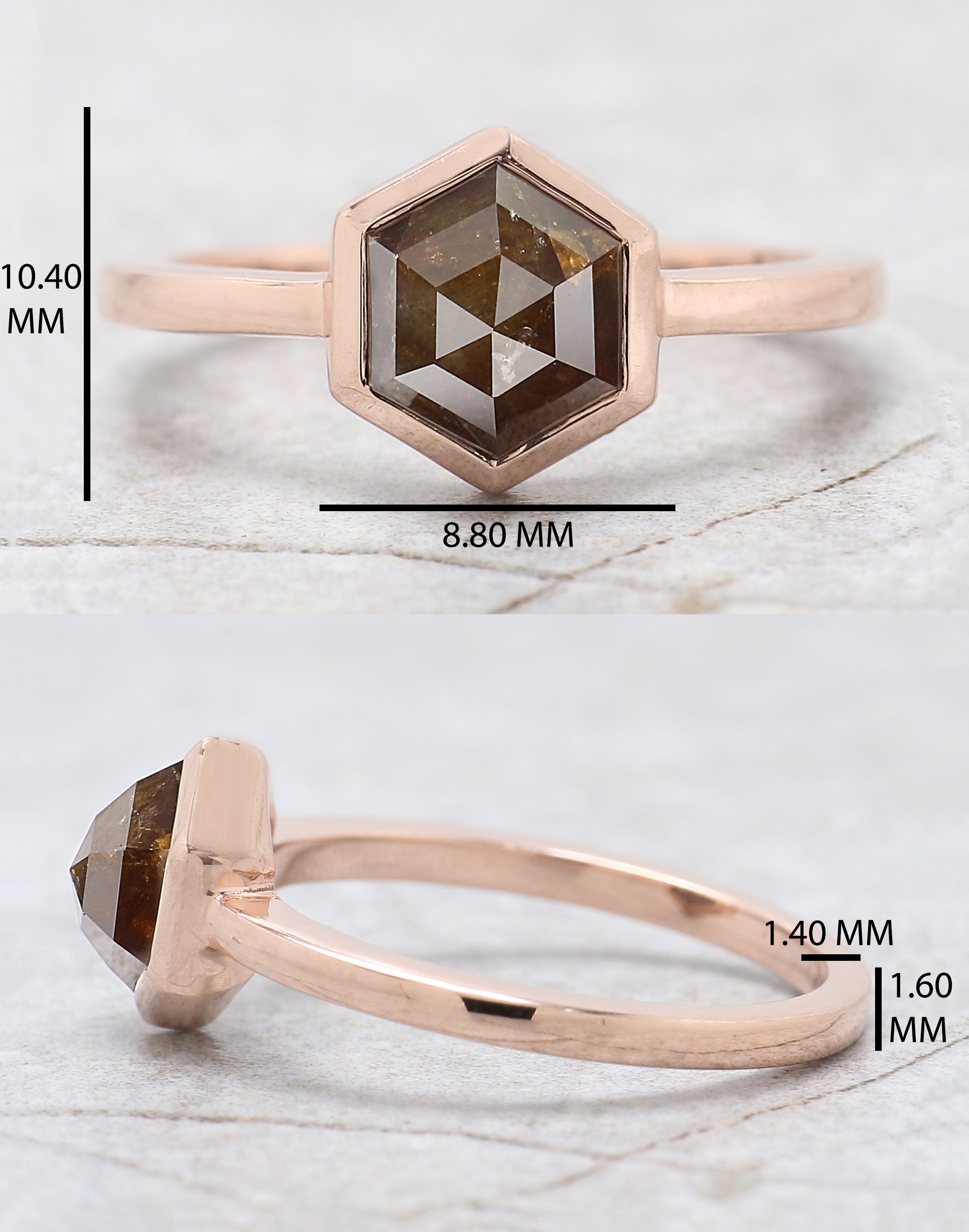 Hexagon Cut Brown Color Diamond Ring 2.26 Ct 6.90 MM Hexagon Shape Diamond Ring 14K Rose Gold Silver Engagement Ring Gift For Her QN9237