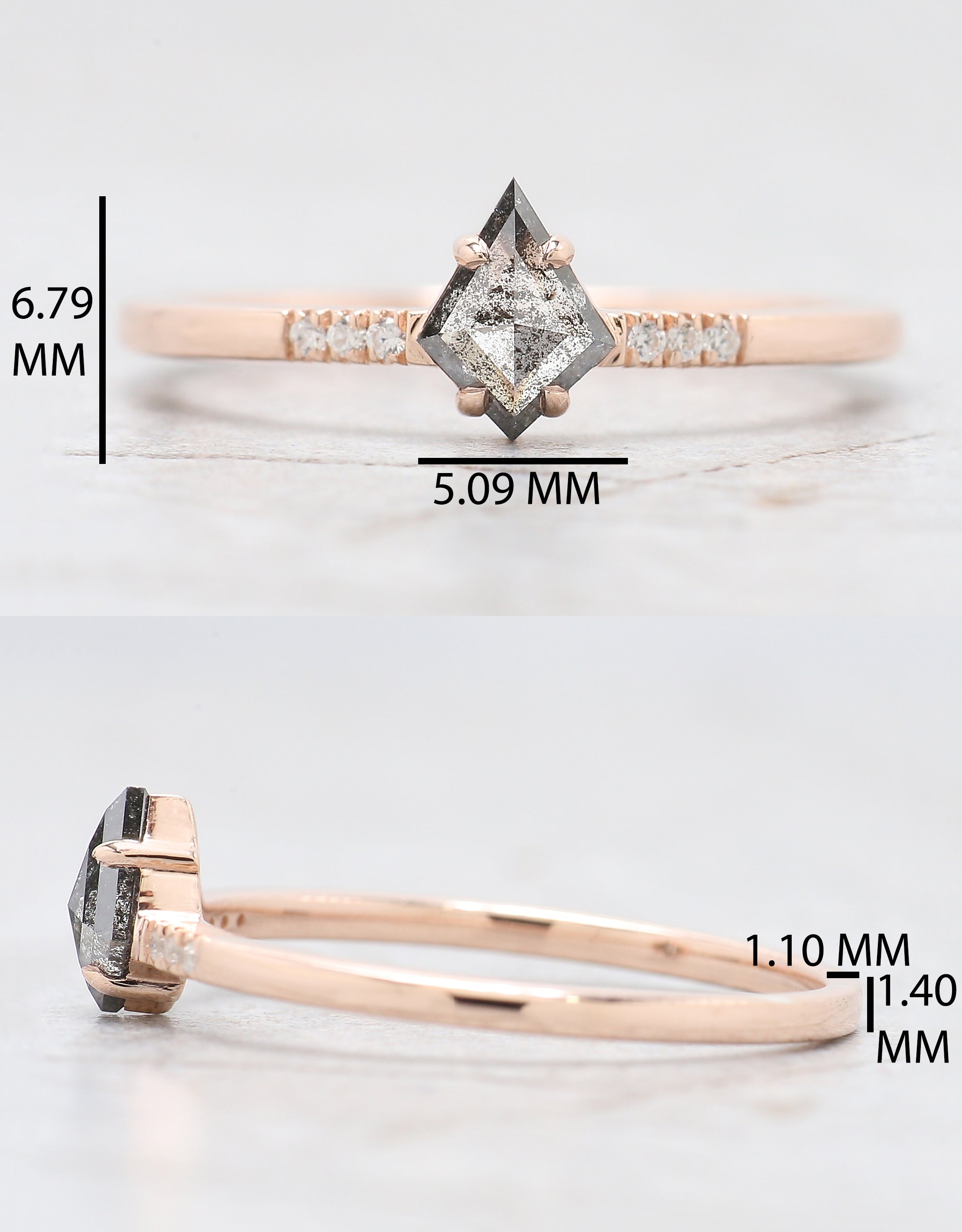 Kite Cut Salt And Pepper Diamond Ring 0.38 Ct 6.47 MM Kite Diamond Ring 14K Solid Rose Gold Silver Kite Engagement Ring Gift For Her QN2103