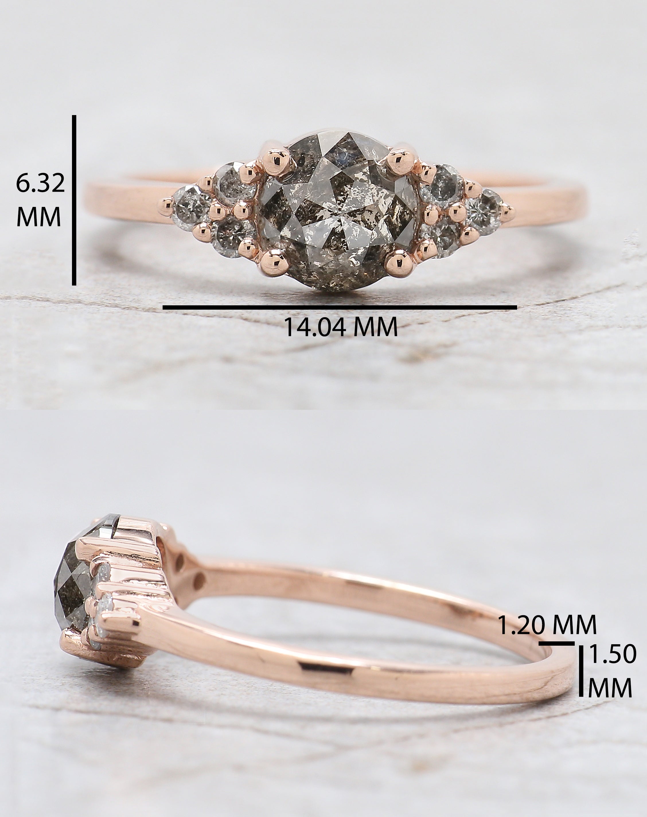 Round Rose Cut Salt And Pepper Diamond Ring 1.00 Ct 6.10 MM Round Shape Diamond Ring 14K Rose Gold Silver Engagement Ring Gift For Her QN2188